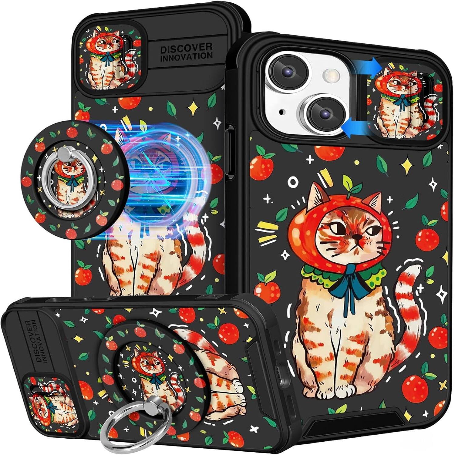 iPhone 14 Case 6.1 Inch - with Ring Stand & Camera Cover Aesthetic Cute Designed - Multicolor