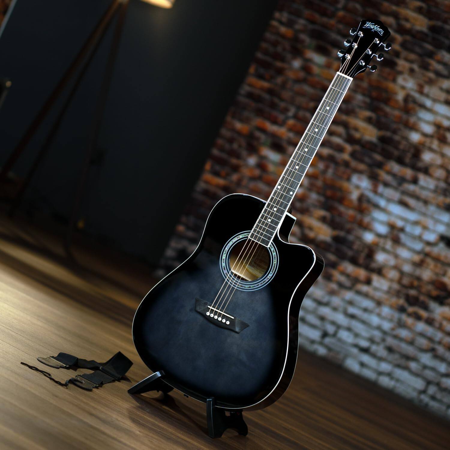 Back. Washburn - Washburn WA90CE Acoustic-Electric Guitar Kit – Dreadnought Cutaway, Built-In Tuner, Okoume Body – Perfect Holiday Gift - Transparent Black Burst.