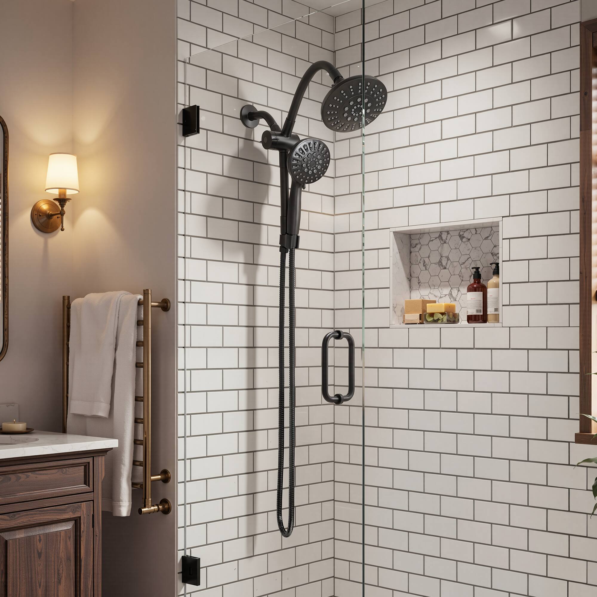 Alt View 3. Akicon - Akicon Shower System with Rain Shower Head and Handheld 6-Mode Spray Combo Bendable Goose Neck Shower Arm in Black - Black.