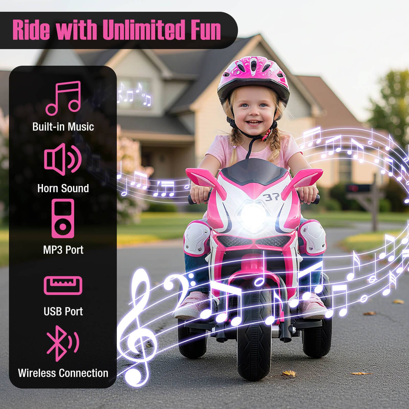 Ride with Unlimited Fun

- Built-in Music
- Horn Sound
- MP3 Port
- USB Port
- Wireless Connection
