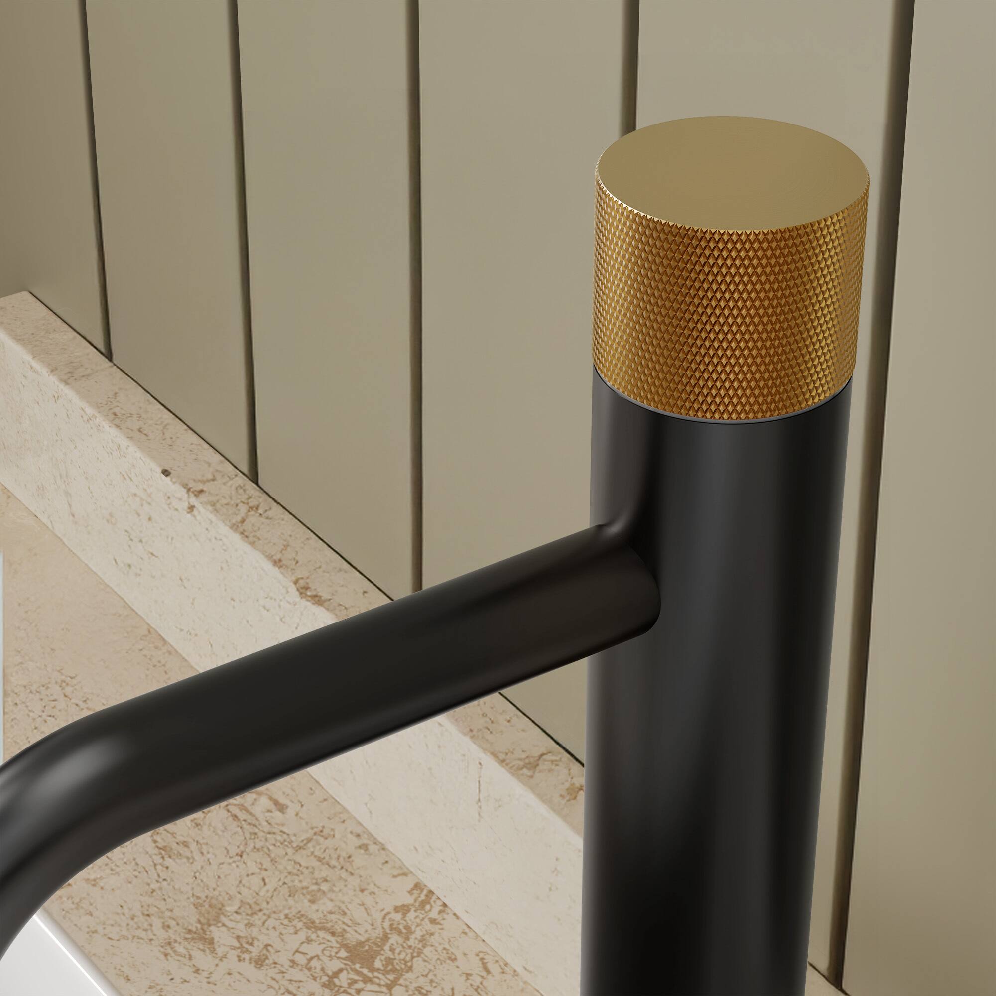 Alt View 8. GRANDJOY - 12 in Single Handle Vessel Bathroom Faucet with Pop-Up Drain, 1.0 GPM Mid-Arc Spout - Matte Black&Brushed Gold.