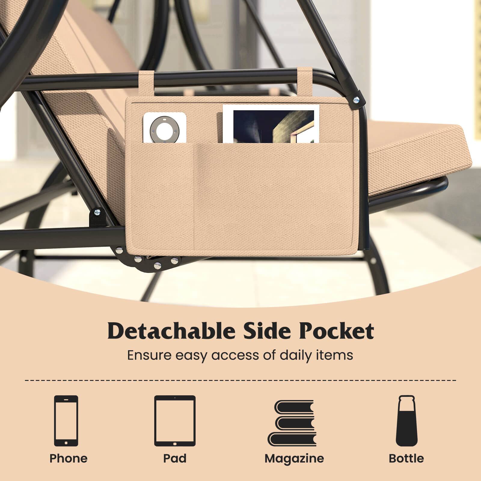 Detachable Side Pocket  
Ensure easy access of daily items  

Phone  
Pad  
Magazine  
Bottle