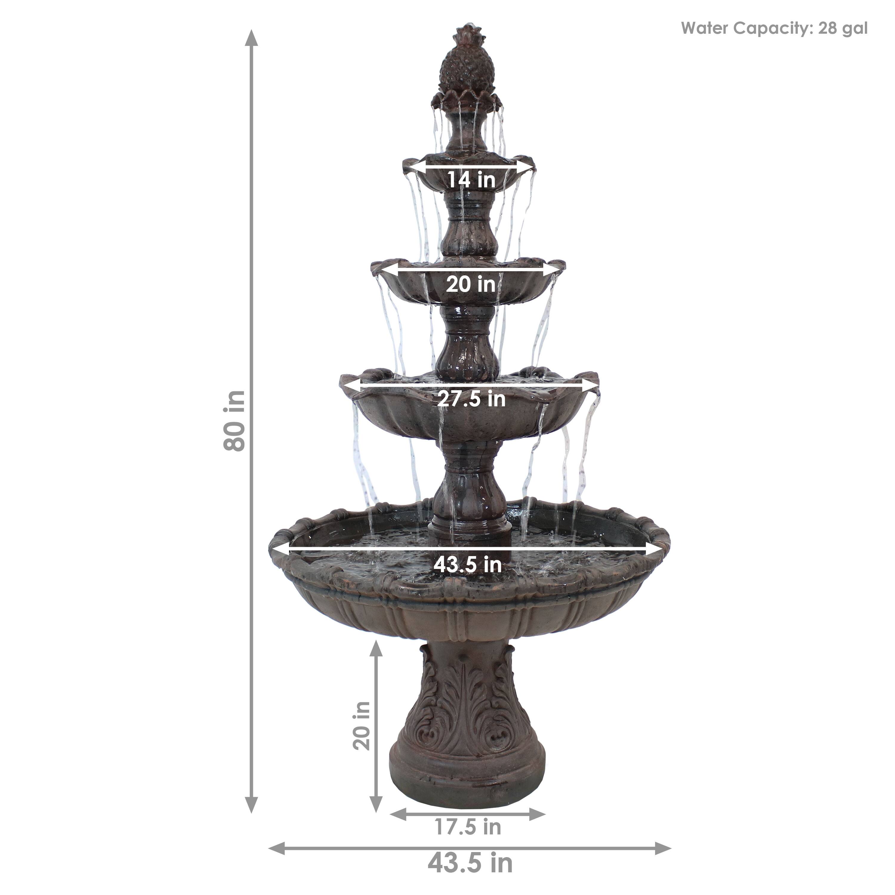 Water Capacity: 28 gal

- Height: 80 in
- Top basin: 14 in
- Second basin: 20 in
- Third basin: 27.5 in
- Bottom basin: 43.5 in
- Width: 43.5 in
- Base width: 17.5 in
- Base height: 20 in