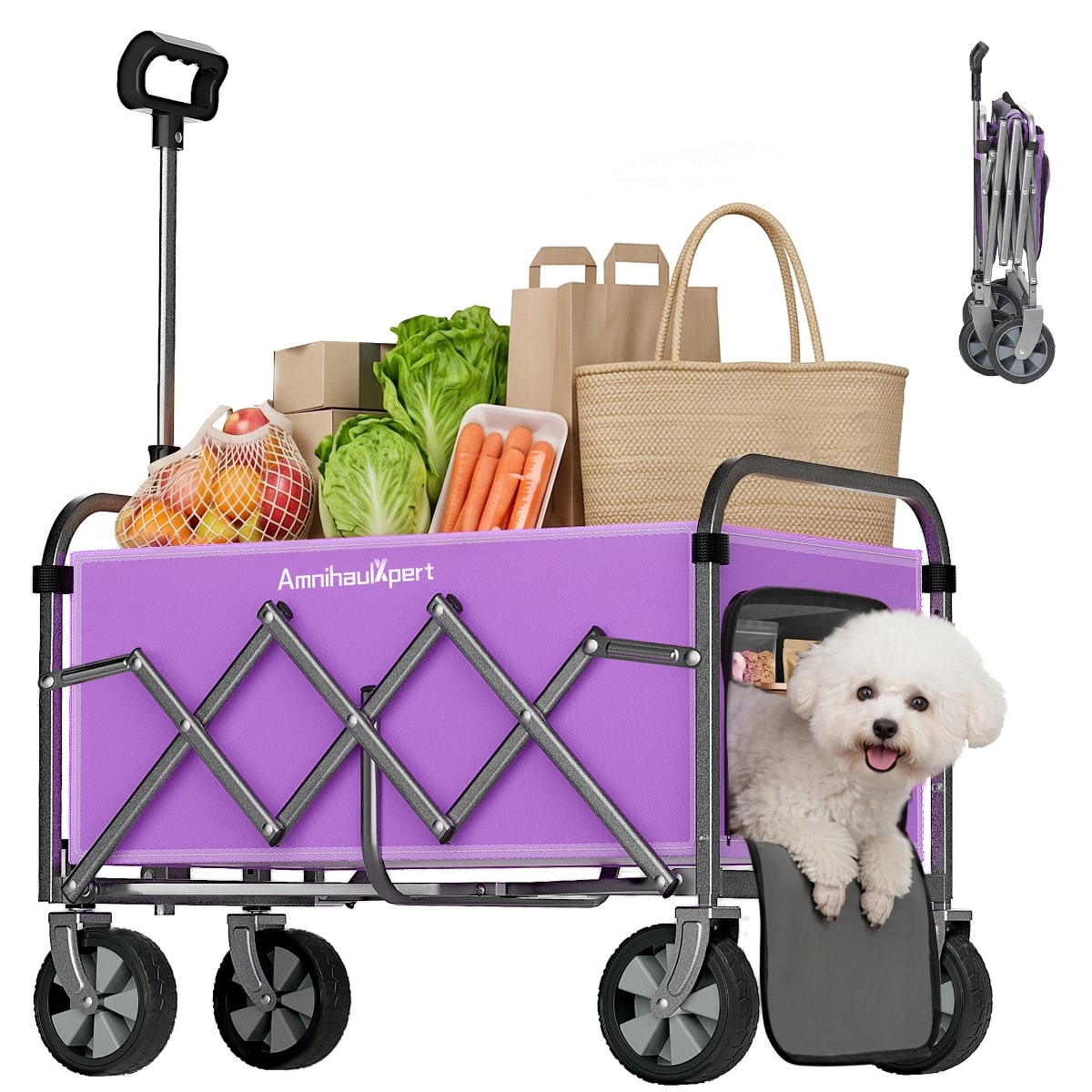Loheer - Heavy Duty Collapsible Wagon with Adjustable Handle and All Terrain Wheels, Purple