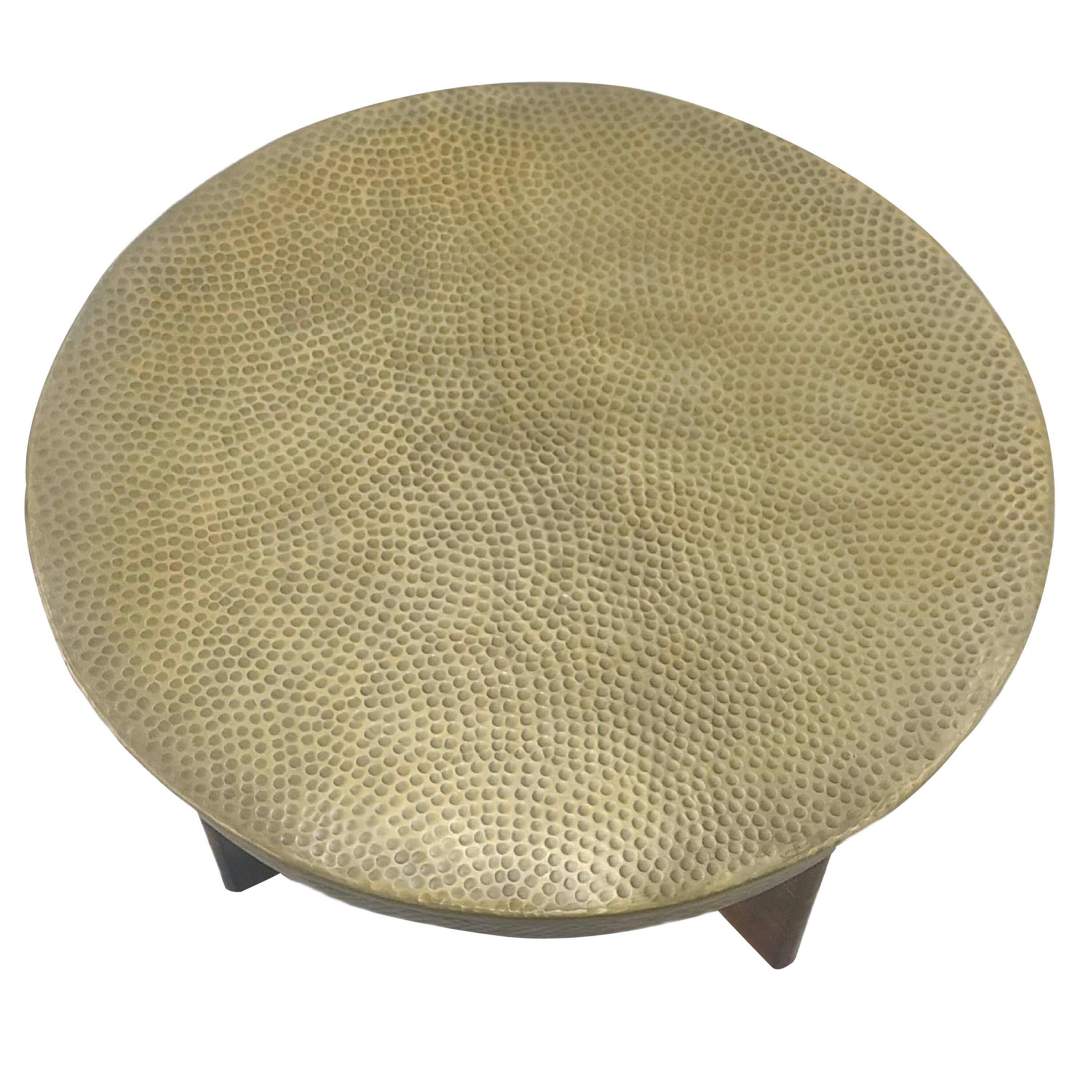 Back. Manhattan Lane - Arden Coffee Table | Round Hammered Metal Top | Mango Wood Base| Antique Brass - Antique Brass, Brown.