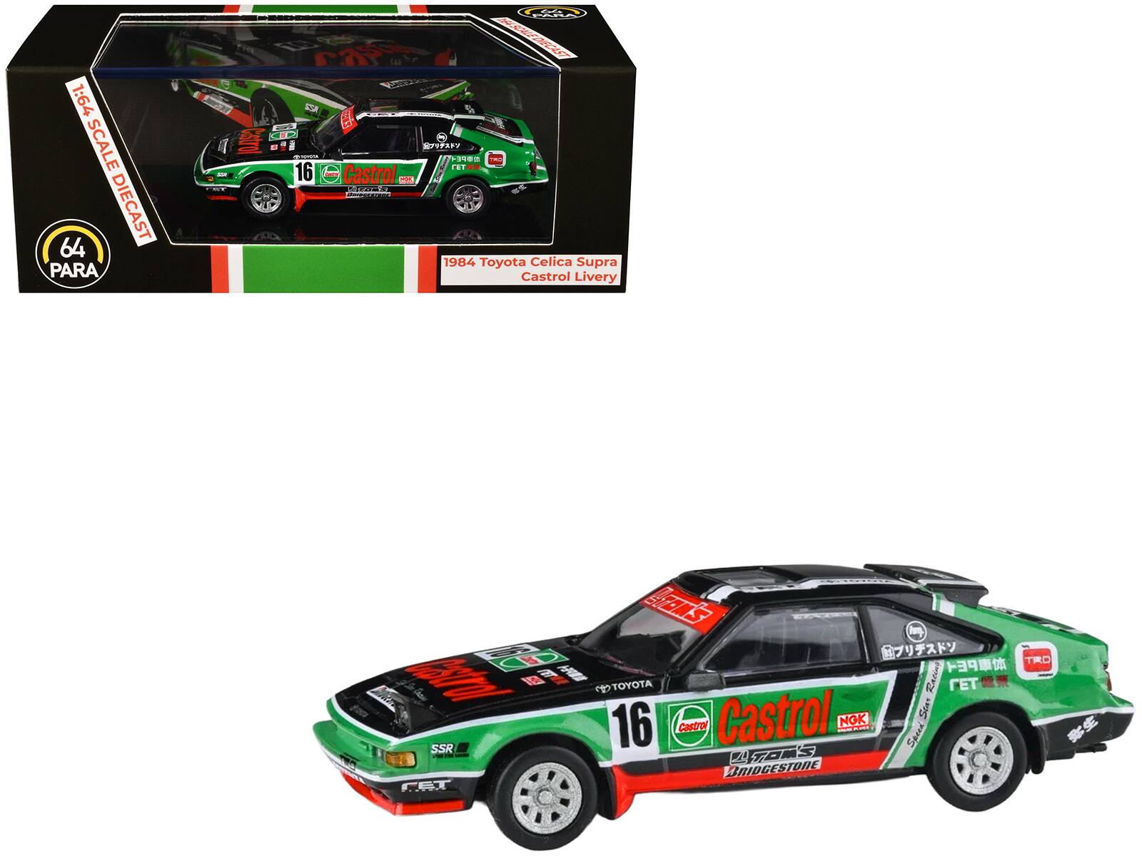 1984 Toyota Celica Supra #16 "Castrol Livery" Black and Green with Graphics 1/64 Diecast Model Car by Paragon