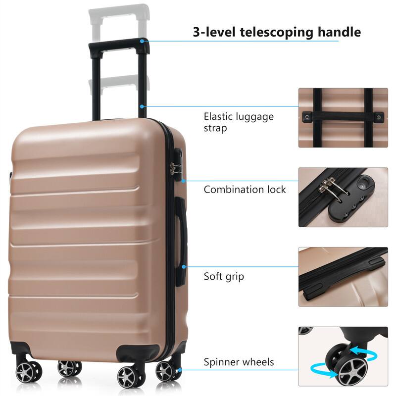 3-level telescoping handle  
Elastic luggage strap  
Combination lock  
Soft grip  
Spinner wheels