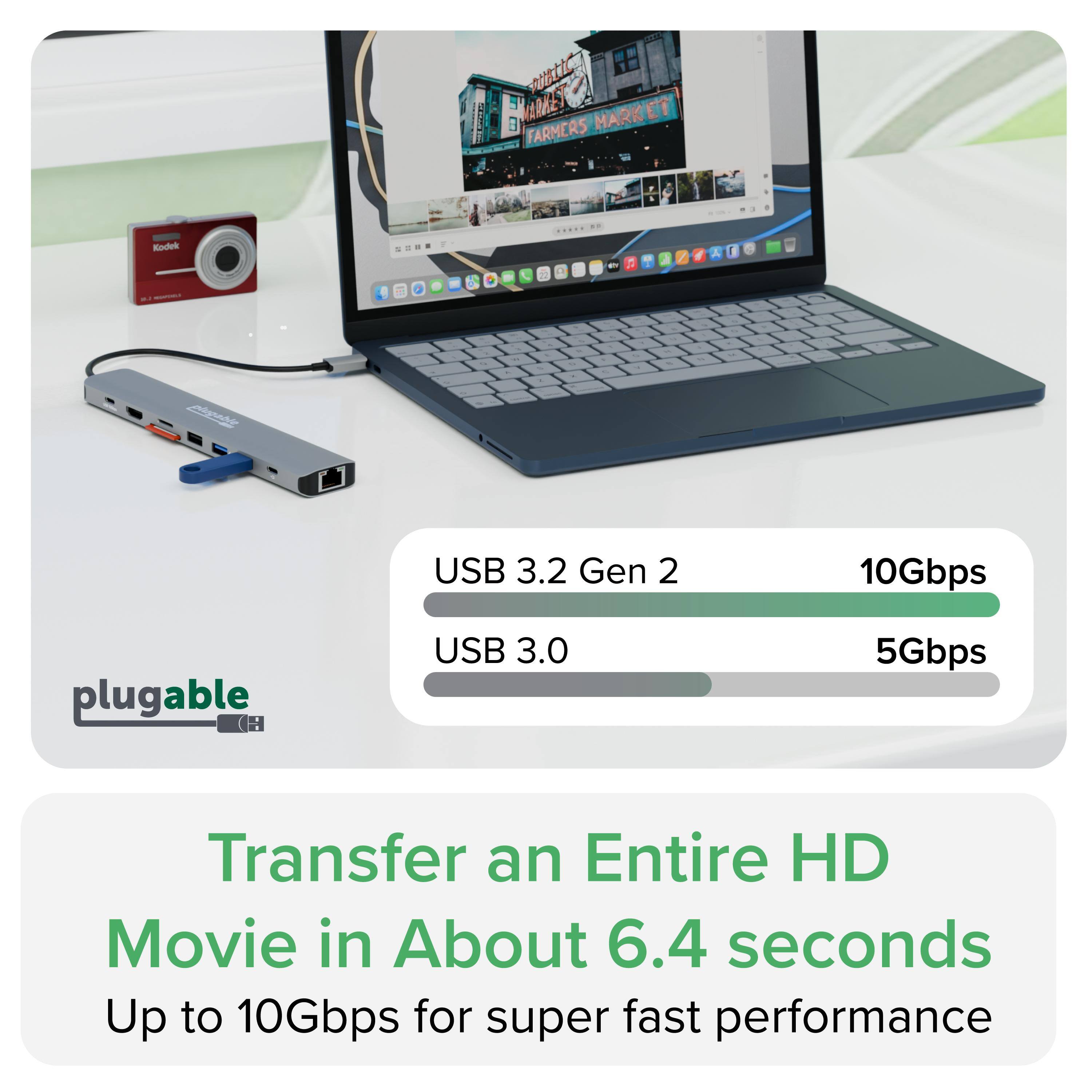 Plugable USB 3.2 Gen 2 10Gbps (USB 3.0 5Gbps) Transfer an Entire HD Movie in About 6.4 seconds Up to 10Gbps for super fast performance