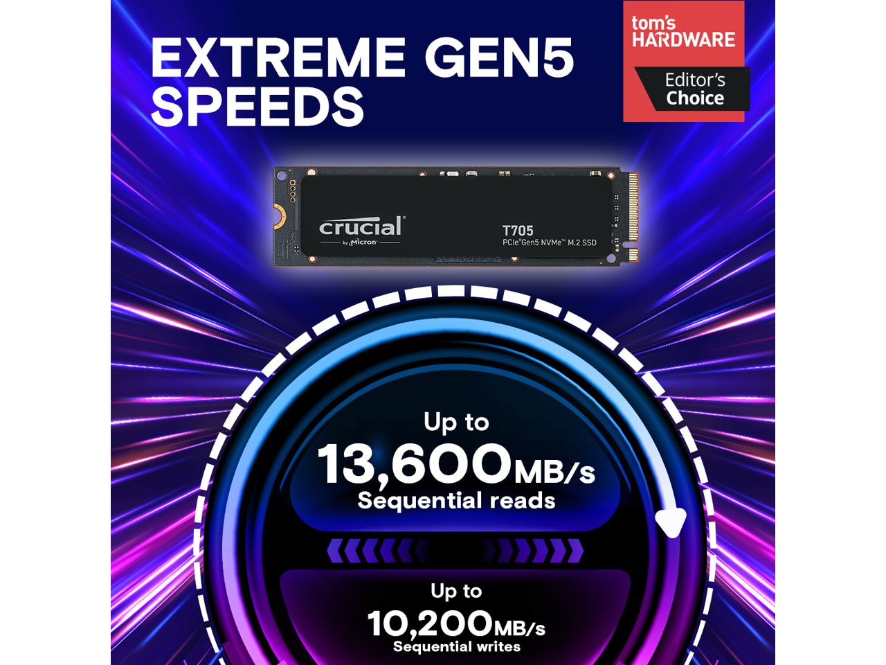 tom's HARDWARE EXTREME GEN5 Editor's Choice SPEEDS

crucial by Micron T705 PCIe Gen5 NVMe M.2 SSD

Up to 13,600 MB/s Sequential reads

Up to 10,200 MB/s Sequential writes