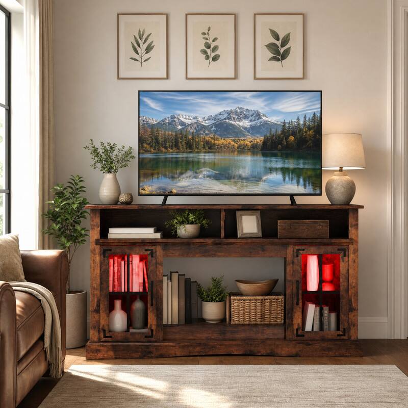 Angle. WELLFOR - TV Stand for 50" TV with Remote Control, LED Entertainment Center with Glass Door Media Console Cabinet - Rustic Brown.