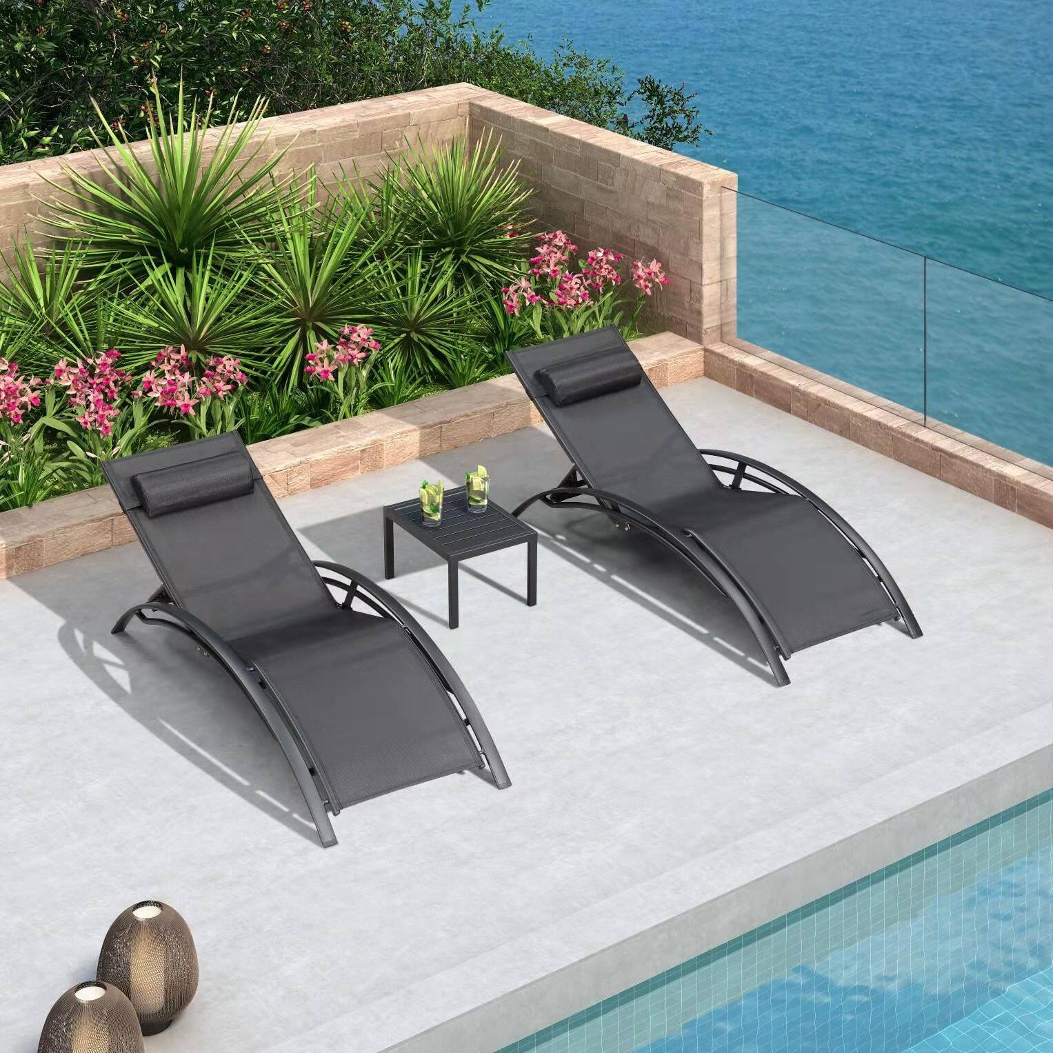 Alt View 2. PURPLE LEAF - 3-Pieces Aluminum Outdoor Chaise Lounge Patio Lounge Chair with Side Table, Black - Black.