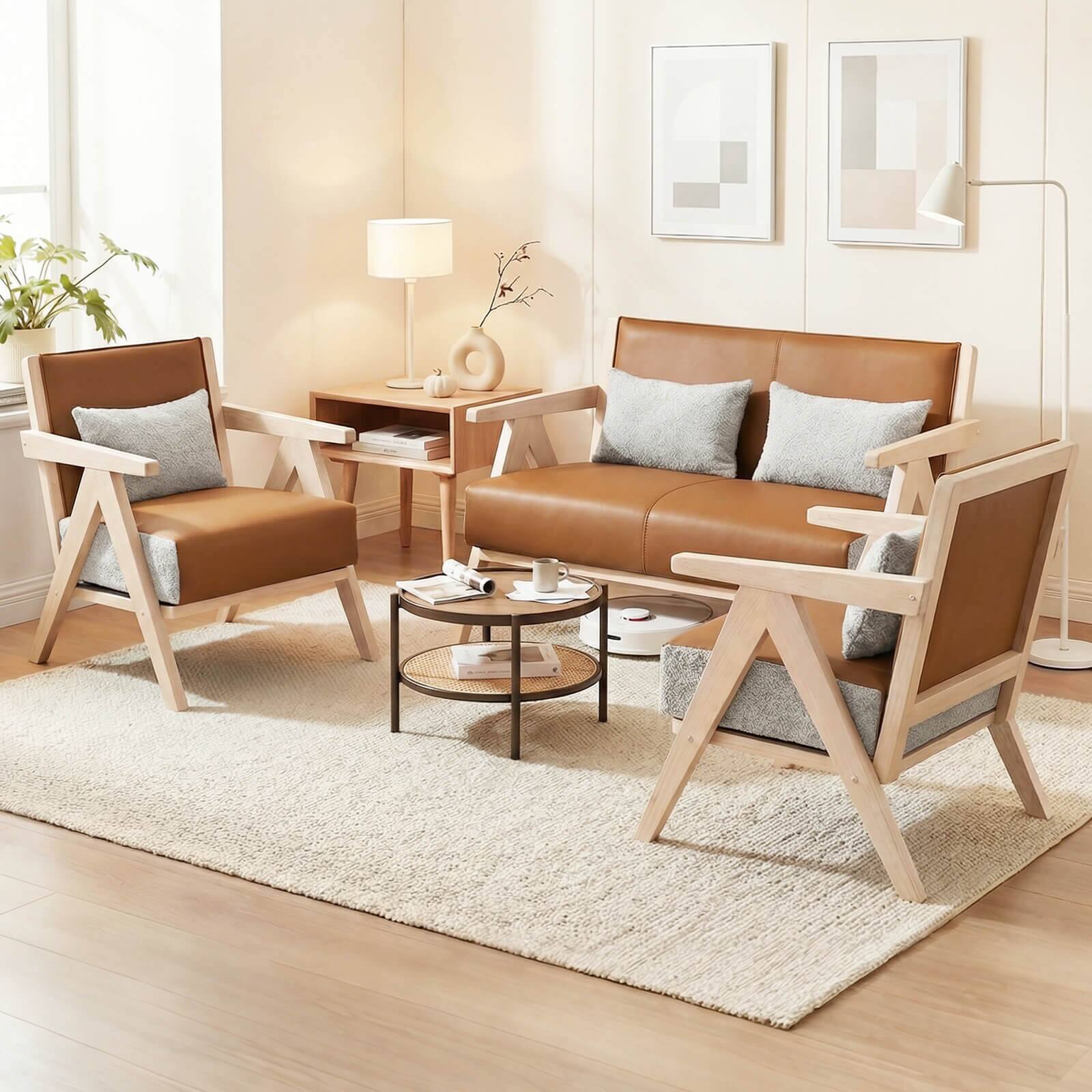 Alt View 5. Costway - Costway Mid-Century Modern Accent Chair Artificial Leather Sofa Chair with Backrest - Natural.