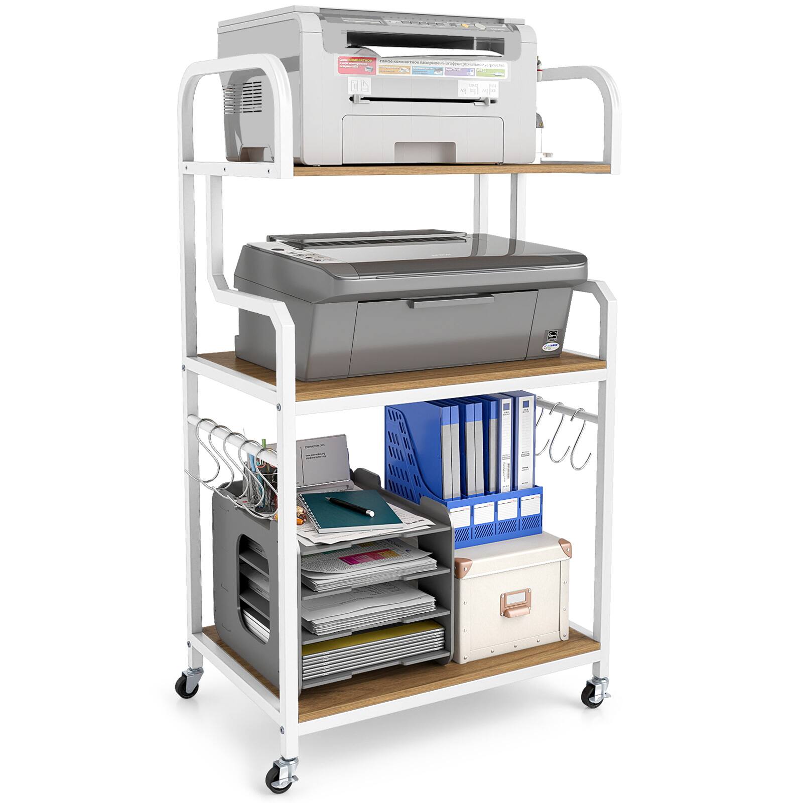 Front. Gymax - Gymax 3-Tier Rolling Printer Stand Home Office Large Printer Cart w/ Storage Shelves Natural & White - White.