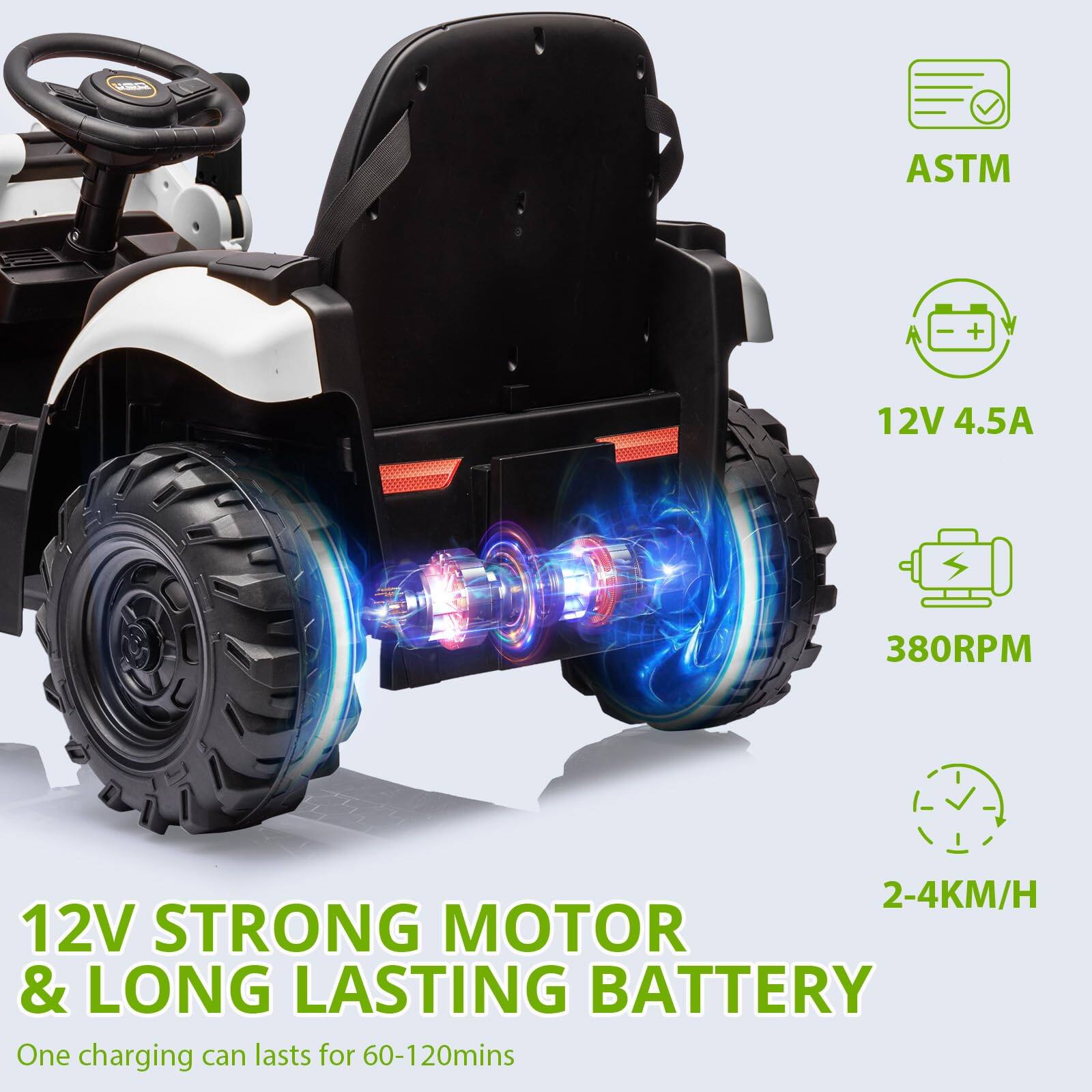 ASTM  
12V 4.5A  
380RPM  
2-4KM/H  
12V STRONG MOTOR & LONG LASTING BATTERY  
One charging can lasts for 60-120mins