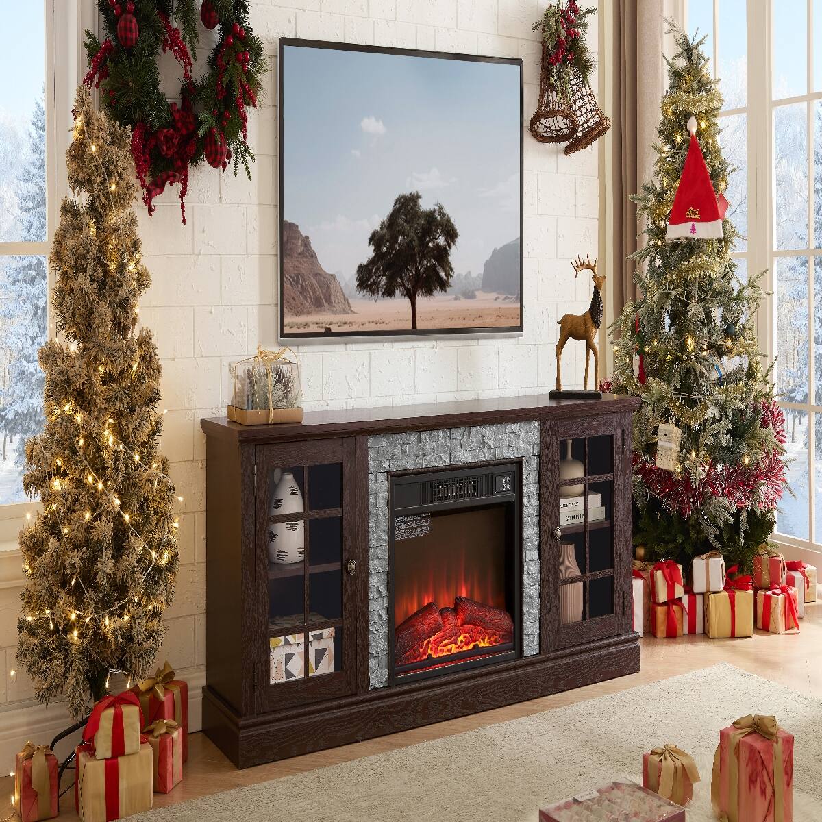 Alt View 1. Loheer - 70 inch modern tv stand with electric fireplace Faux Stone Media Console Cabinet Cherry Large Entertainment Center - Cherry.