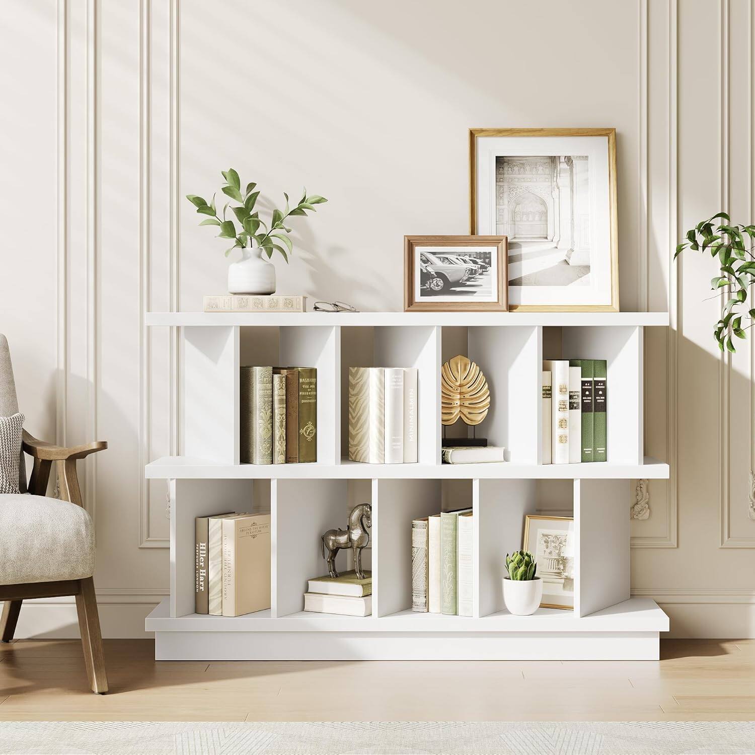 Homhougo - 8 Cube Bookcase, Wood Low Open Cube Storage Shelf Organizer, Freestanding Display Bookshelf with 10 Removable Back - White