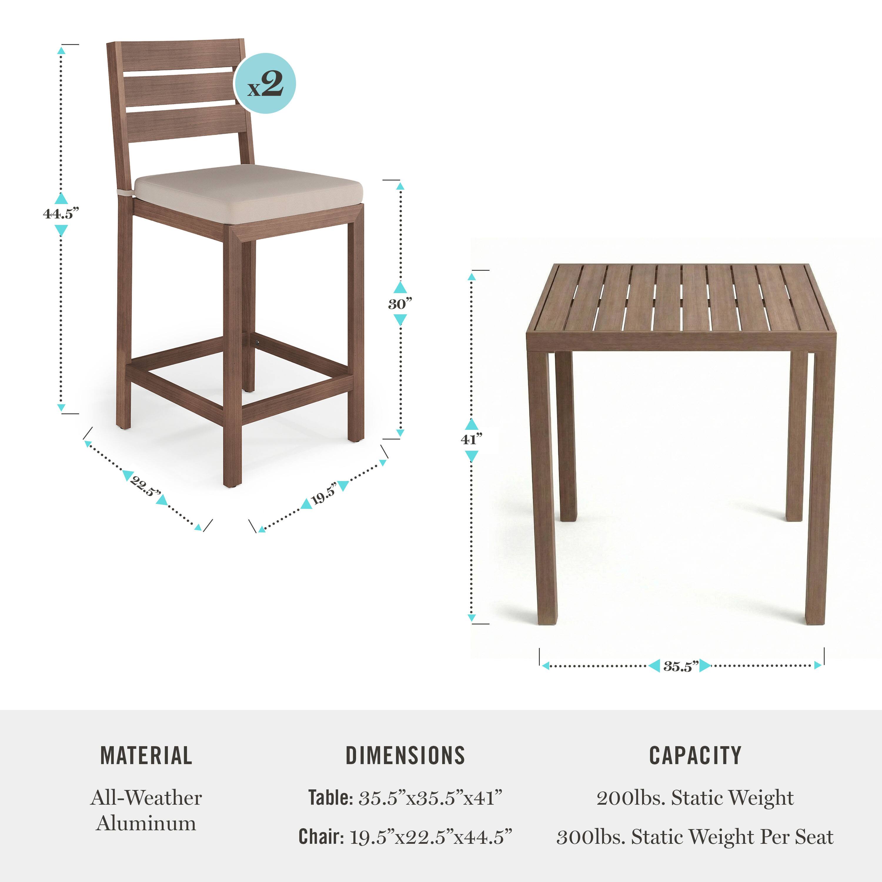 x2 44.5" 80 41" 22.5 19.5" 85.5

MATERIAL DIMENSIONS CAPACITY

All-Weather Aluminum Table: 35.5"x35.5"x41" 5 x35.5 x41 200lbs. Static Weight

Chair: 19.5 19.5"x22.5"x44.5" 300lbs. Static Weight Per Seat
