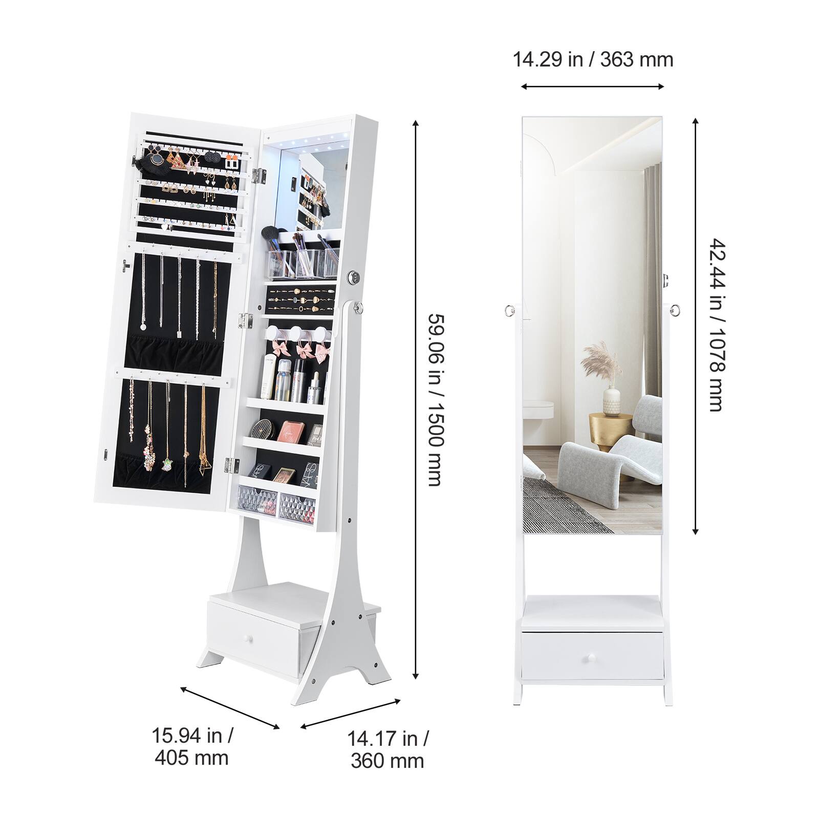 - 14.29 in / 363 mm
- 59.06 in / 1500 mm
- 42.44 in / 1078 mm
- 15.94 in / 405 mm
- 14.17 in / 360 mm