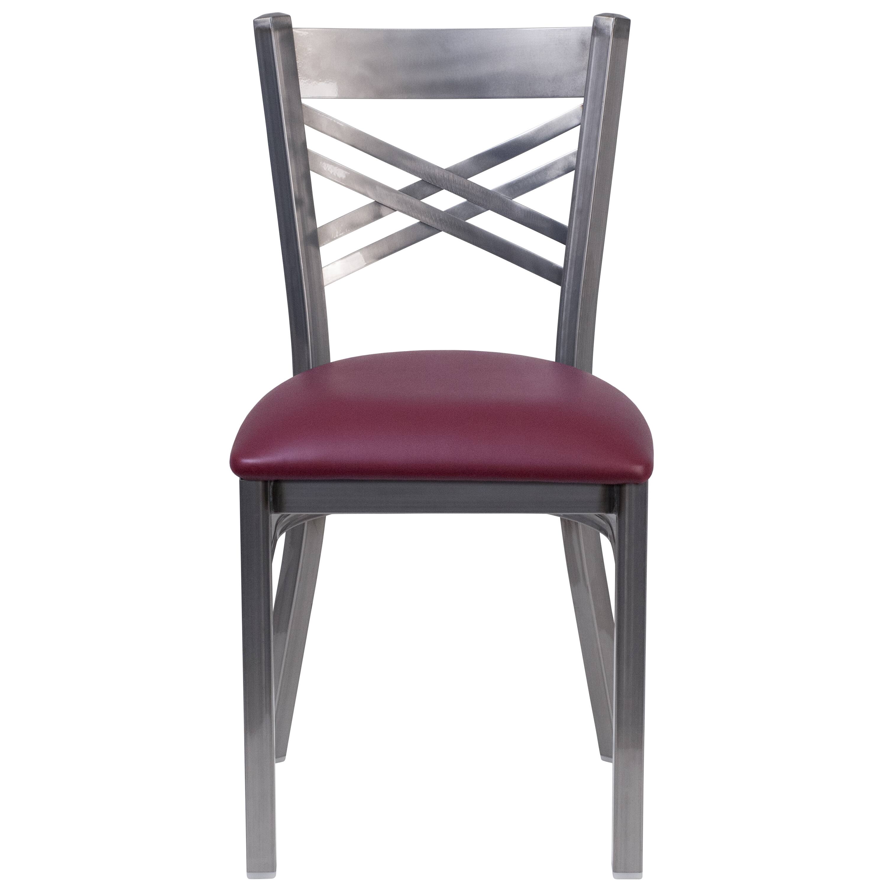Alt View 6. Emma + Oliver - 2 Pack Clear Coated "X" Back Metal Restaurant Chair - Burgundy Vinyl Seat/Clear Coated Metal Frame.