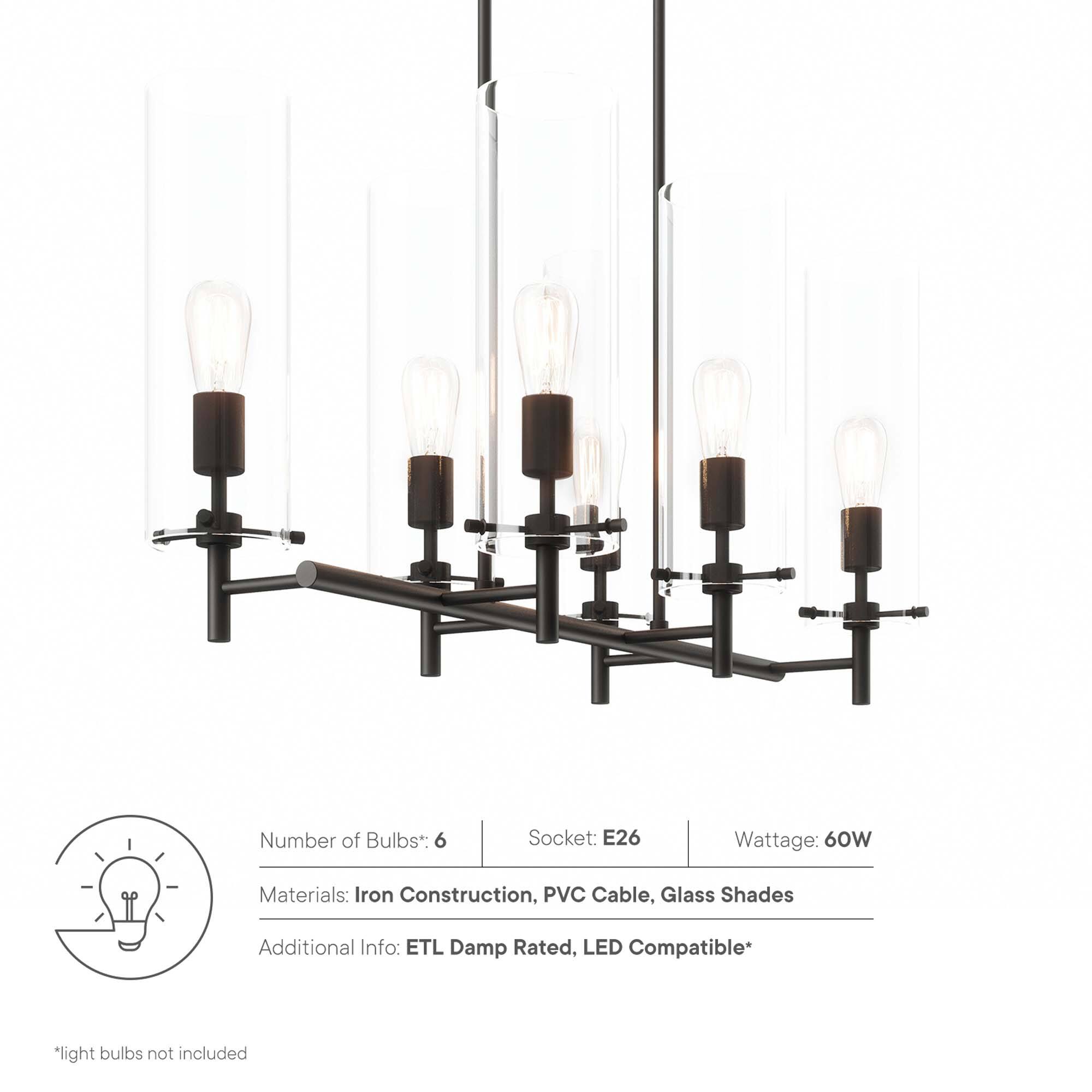 Number of Bulbs*: 6  
Socket: E26  
Wattage: 60W  
Materials: Iron Construction, PVC Cable, Glass Shades  
Additional Info: ETL Damp Rated, LED Compatible*  

*light bulbs not included