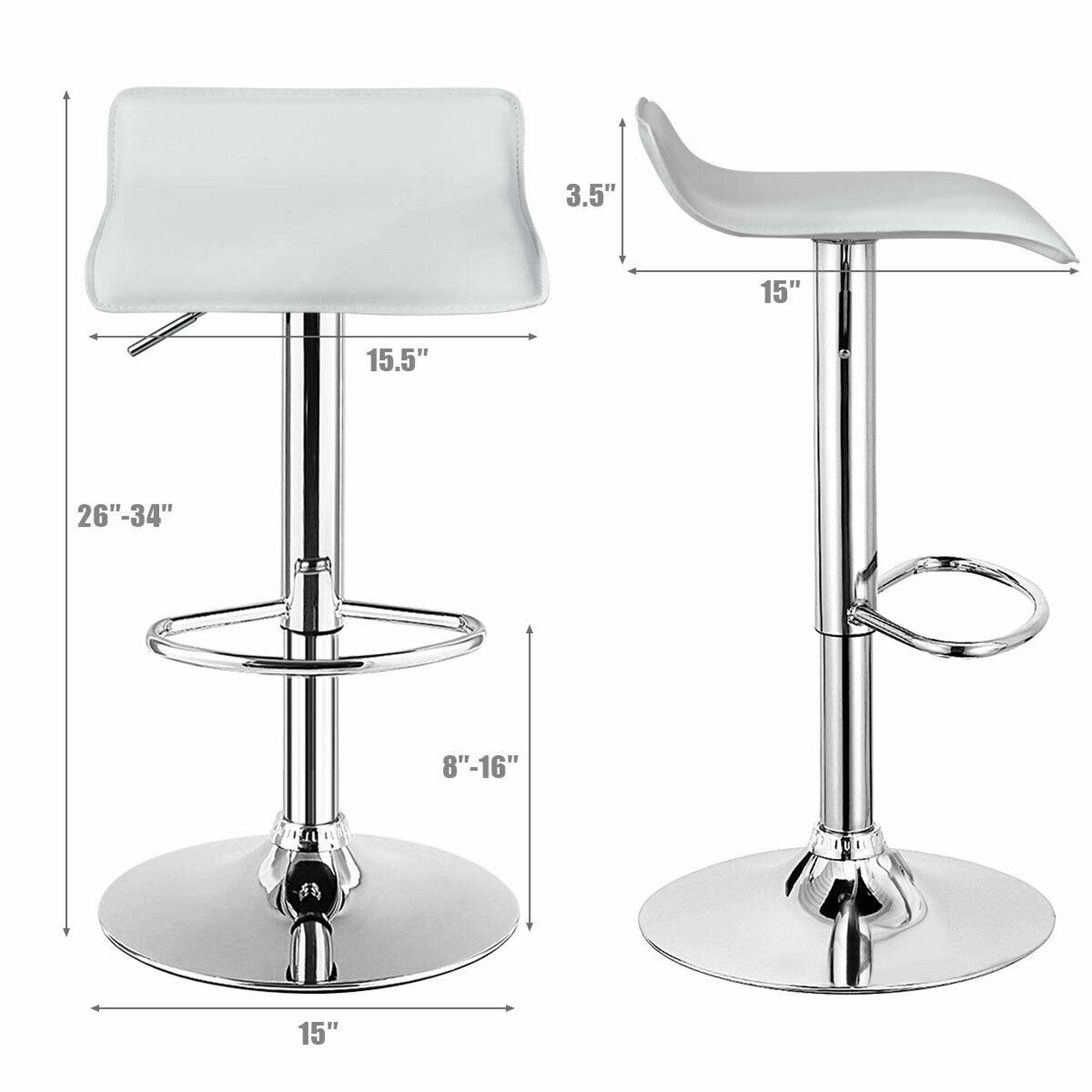 The dimensions of the stool are as follows:

- Seat width: 15.5"
- Seat depth: 15"
- Seat height: 3.5"
- Overall height: 26"-34"
- Base diameter: 15"
- Footrest height: 8"-16"