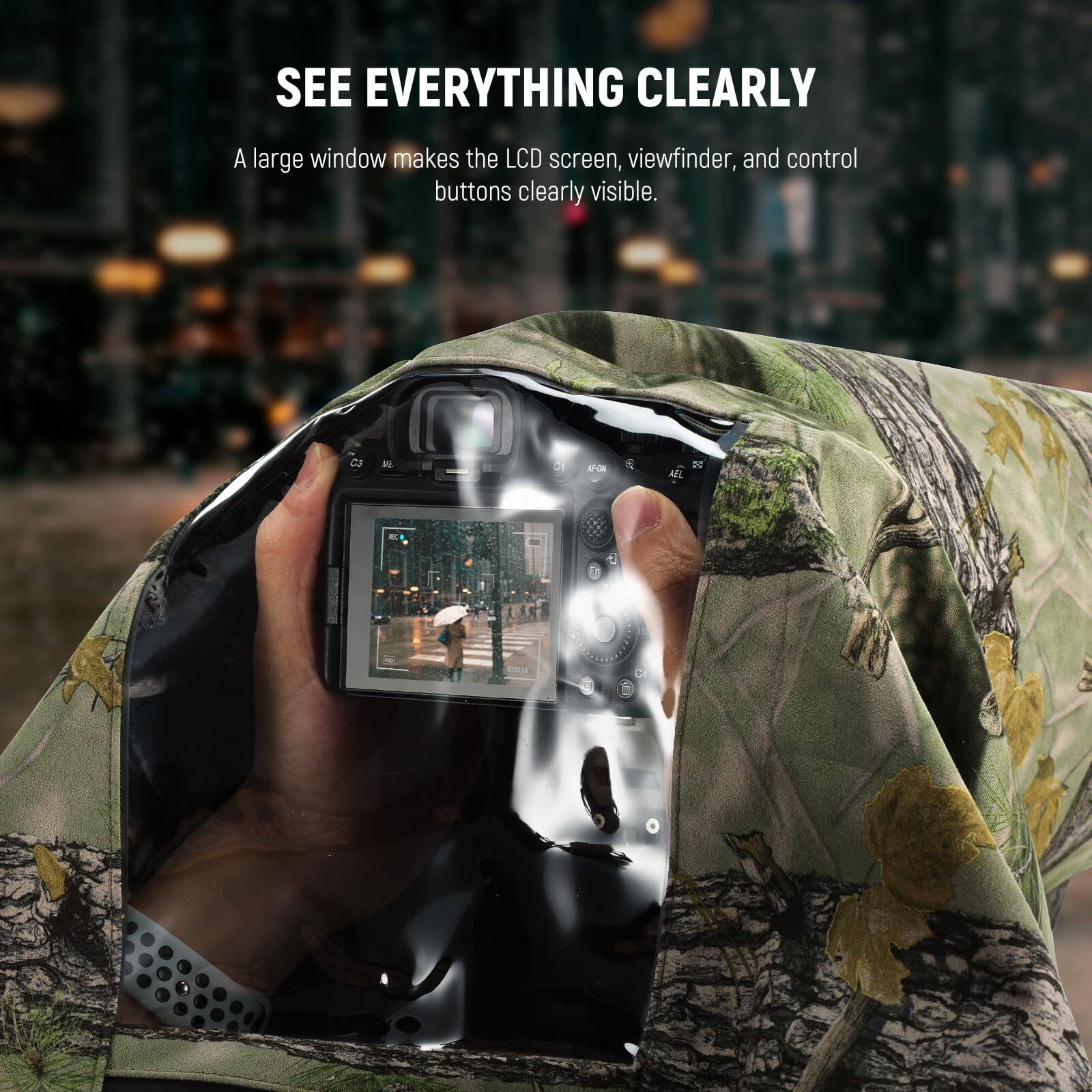 SEE EVERYTHING CLEARLY

A large window makes the LCD screen, viewfinder, and control buttons clearly visible.