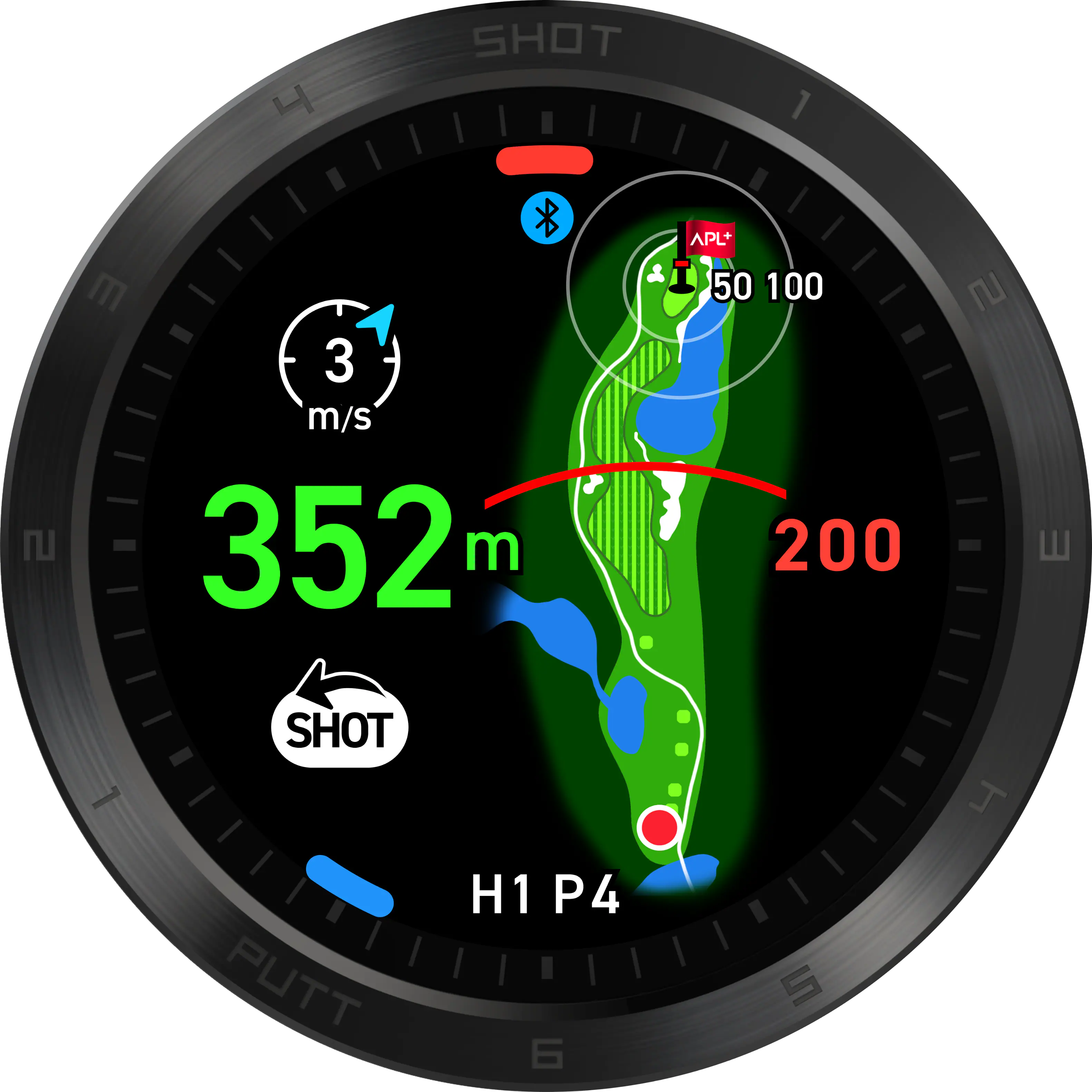 The text on the image reads: "352m 3 m/s 352m m APL+ 50 100 200  SHOT PUTT H1 P4 6 5". This text is grouped and corrected as follows:

1. "352m" is the distance covered by the player in the shot.
2. "3 m/s" is the speed of the shot.
3. "352m m" is the total distance covered by the player in the shot.
4. "APL+ 50 100 200" is the score of the player in the shot.
5. "SHOT" is the type of shot being played.
6. "PUTT" is the type of shot being played.
7. "H1 P4" is the hole number and the player's position on the hole.
8. "6 5" is the score of the player in the previous shot.