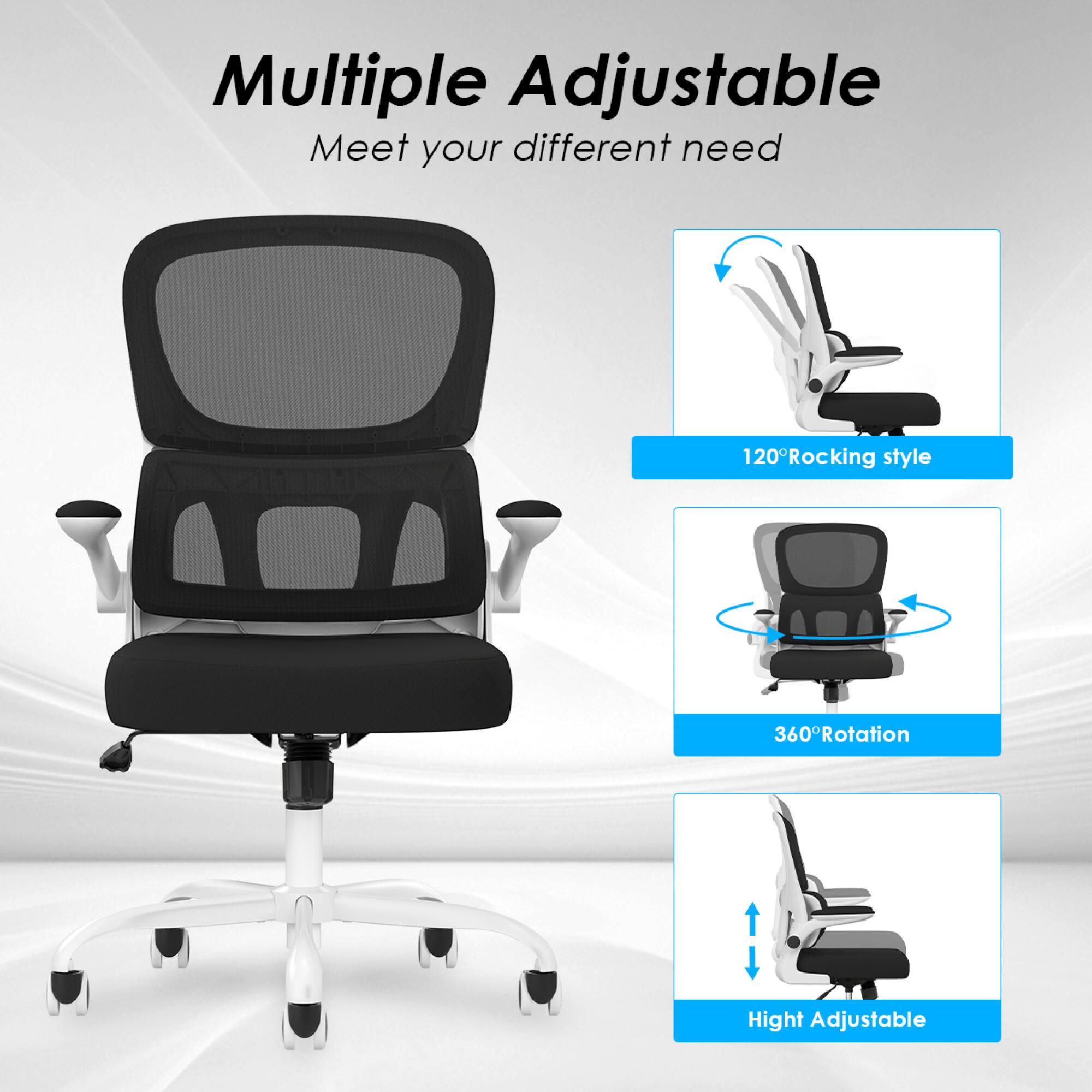 Multiple Adjustable  
Meet your different need  

120° Rocking style  
360° Rotation  
Height Adjustable
