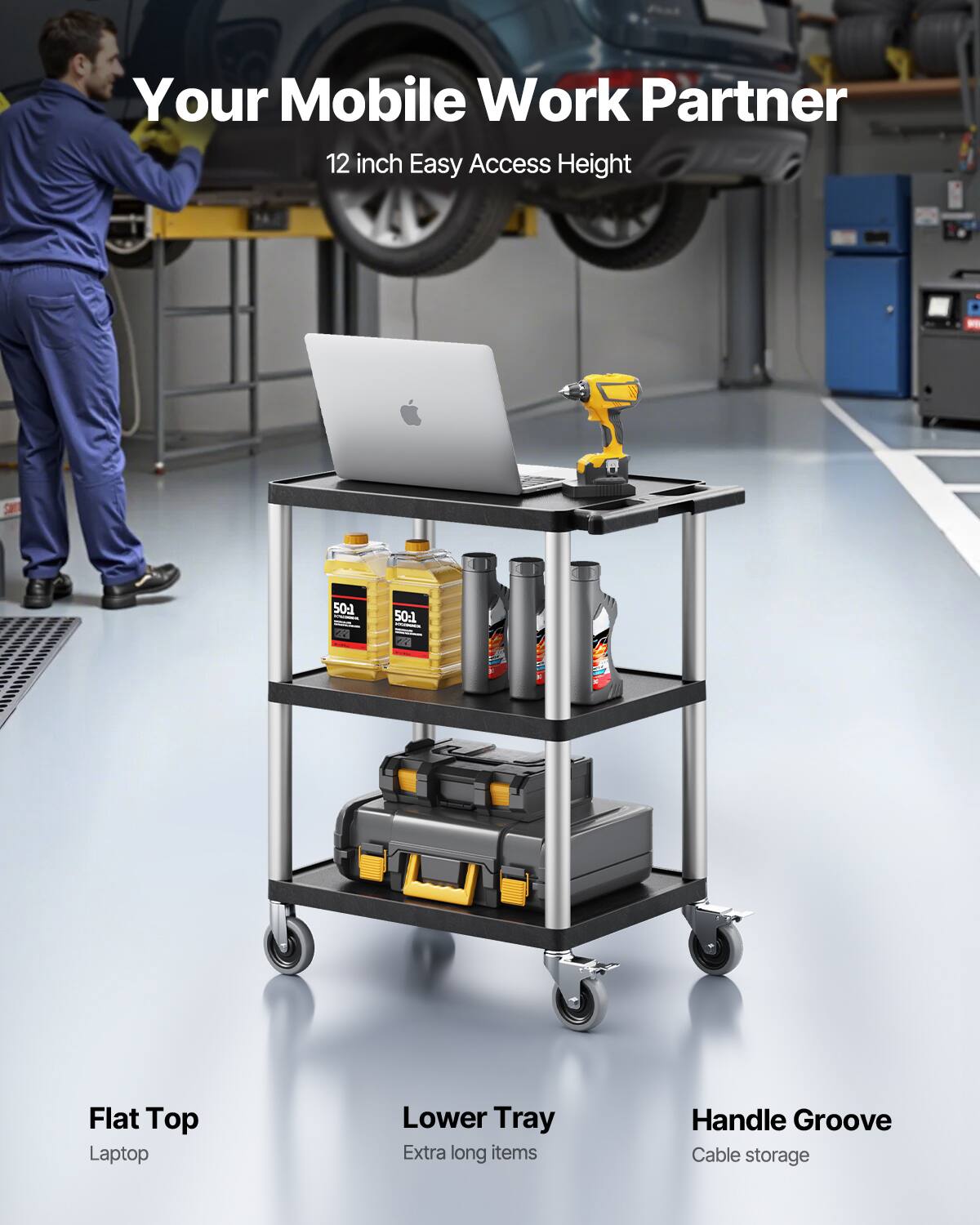 Your Mobile Work Partner 12 inch Easy Access Height

Flat Top Laptop
Lower Tray Extra long items
Handle Groove Cable storage