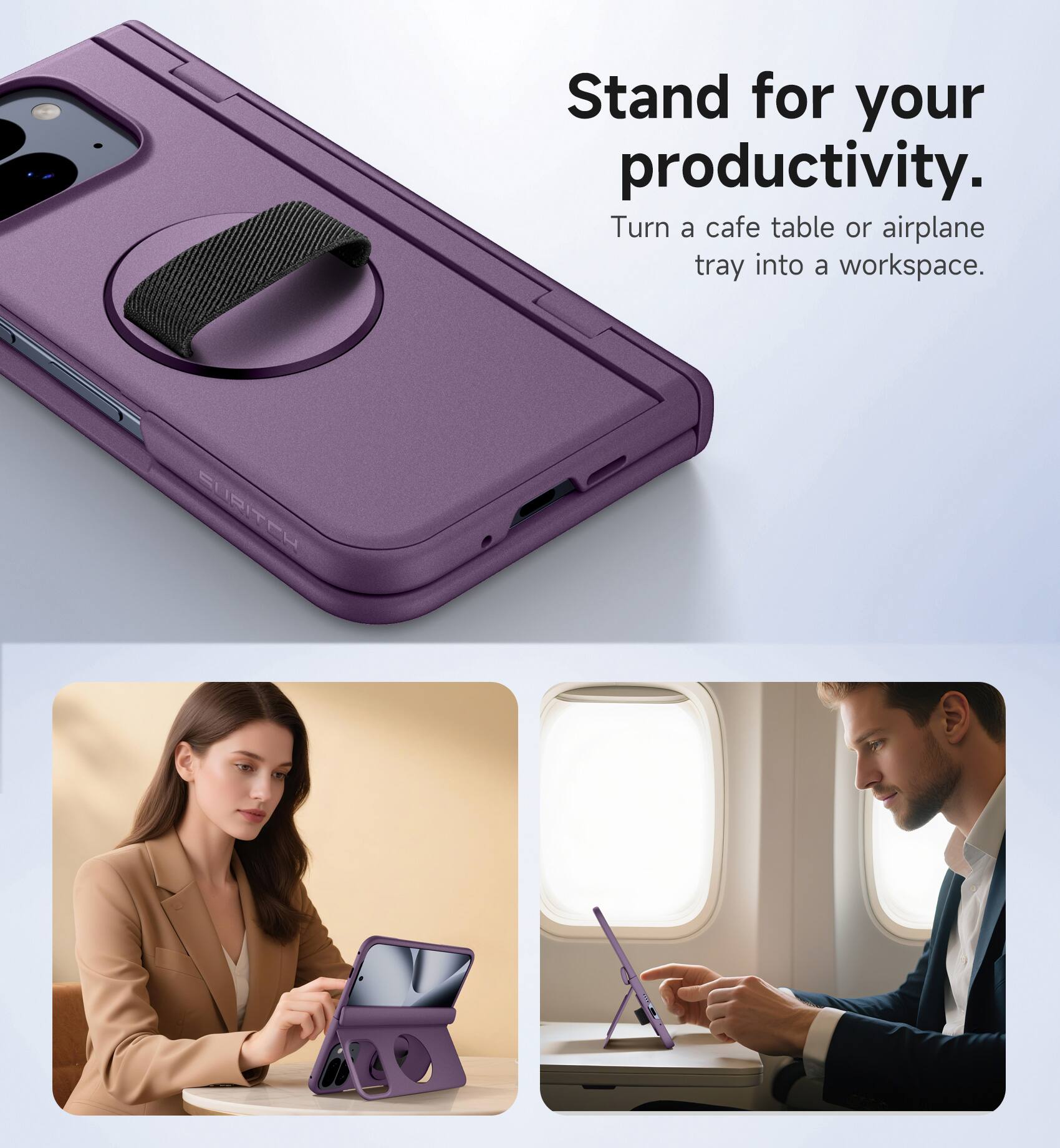 Stand for your productivity.  
Turn a cafe table or airplane tray into a workspace.  
CUBITEU