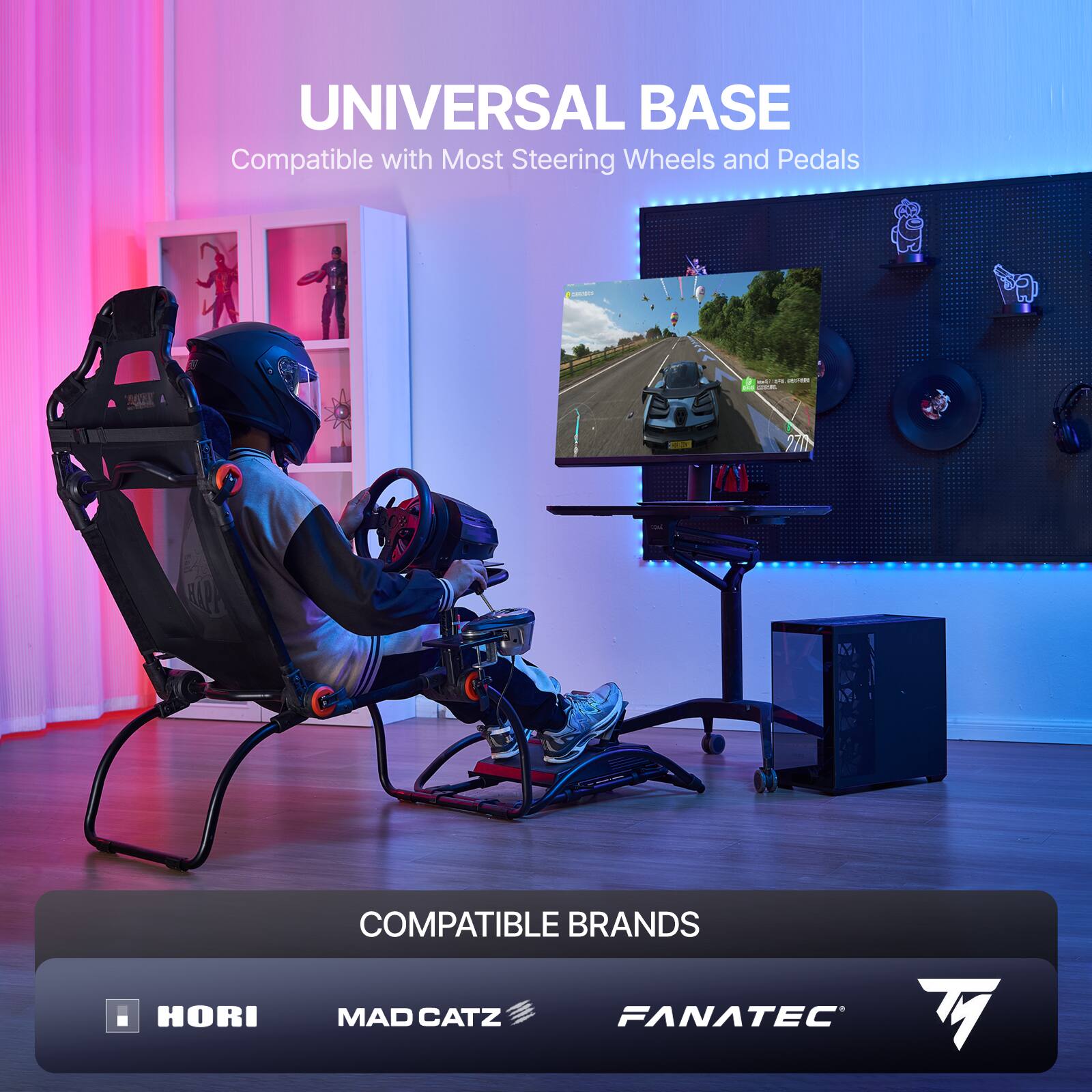 UNIVERSAL BASE Compatible with Most Steering Wheels and Pedals - COMPATIBLE BRANDS - HORI - MAD CATZ - FANATEC - T