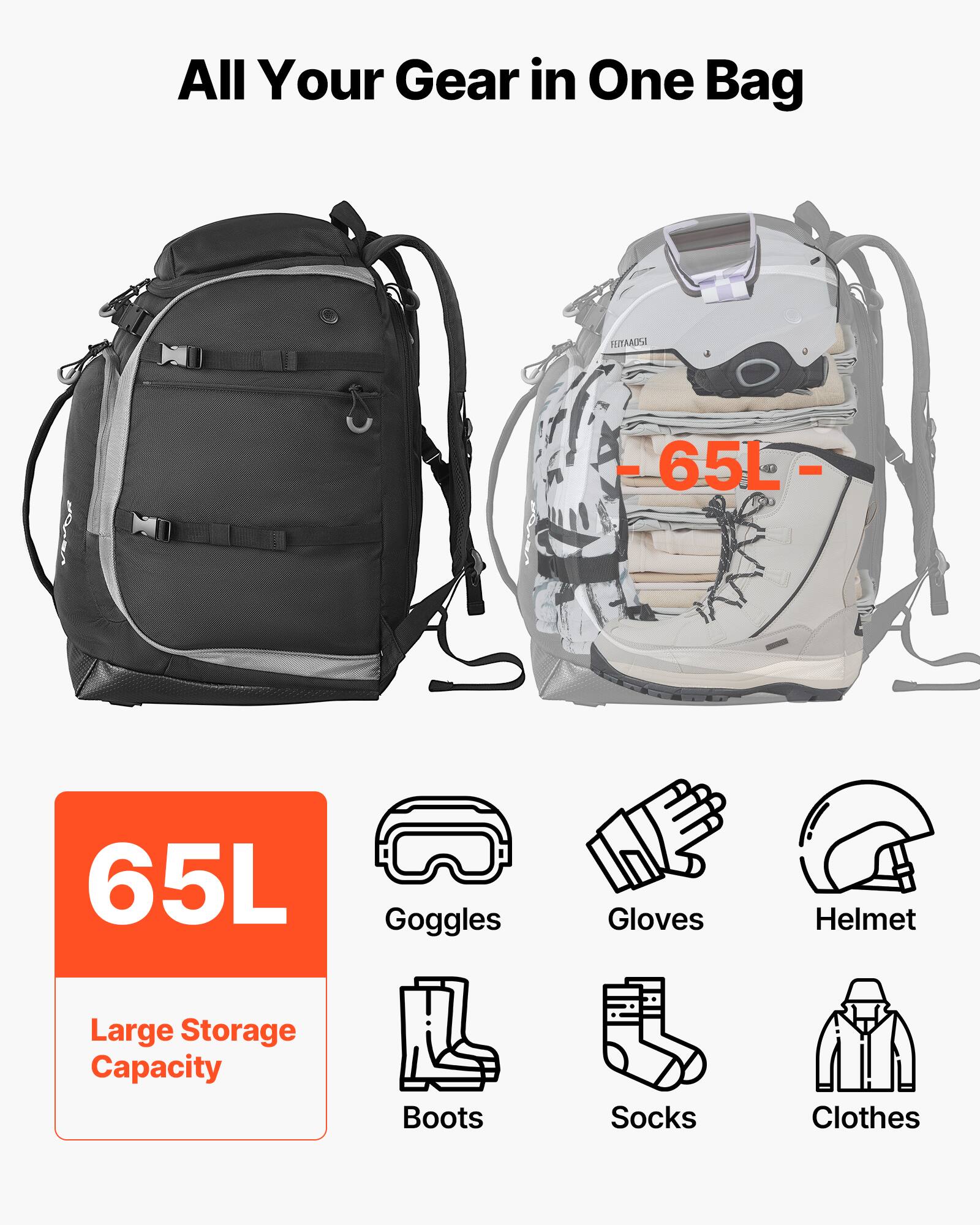 All Your Gear in One Bag

65L

Large Storage Capacity

- Goggles
- Gloves
- Helmet
- Boots
- Socks
- Clothes
