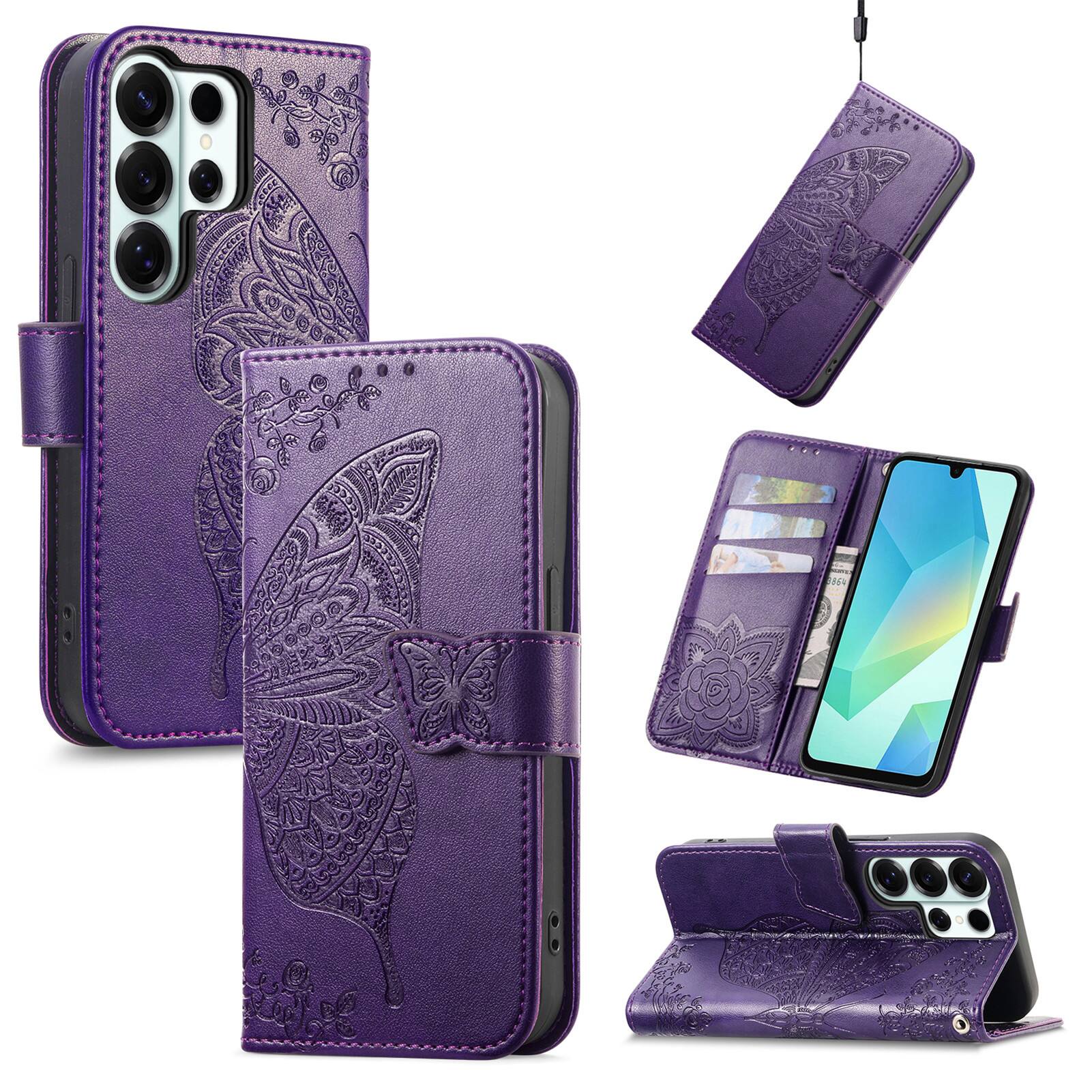 Angle. Dteck - Wallet Case for Samsung Galaxy S26 Ultra, Embossed Butterfly Pattern Leather Card Slots Flip Stand Cover+Strap - Purple.