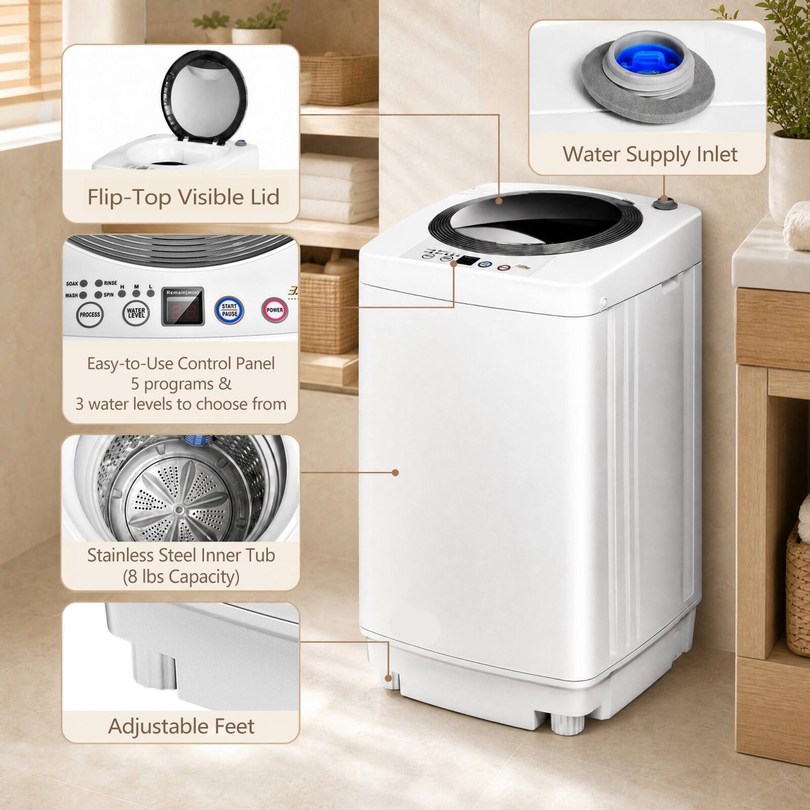 Flip-Top Visible Lid

Water Supply Inlet

Easy-to-Use Control Panel
5 programs & 3 water levels to choose from

Stainless Steel Inner Tub (8 lbs Capacity)

Adjustable Feet