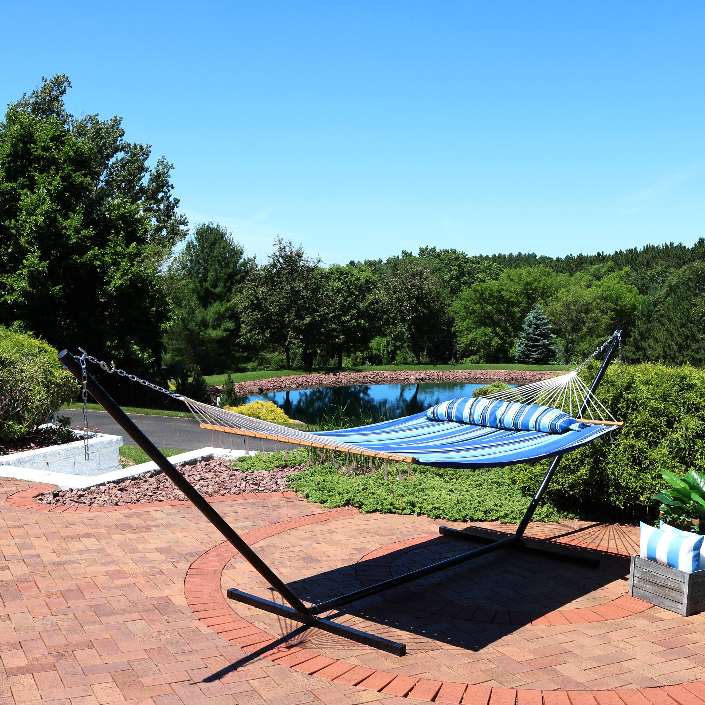 Alt View 3. Sunnydaze - 2-Person Quilted Fabric Hammock with Steel Stand - Misty Beach.