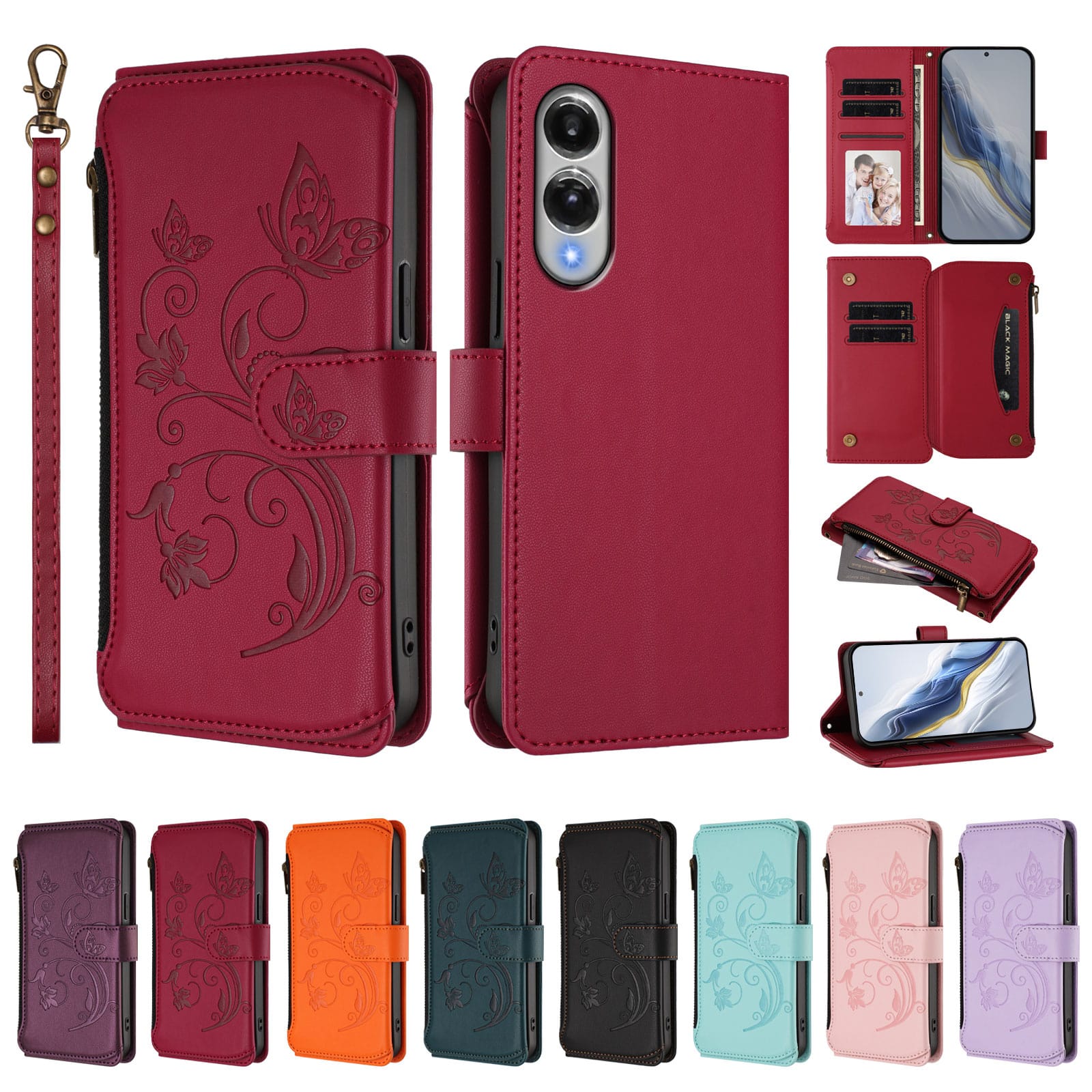 Dteck - Crossbody Wallet Case for Samsung Galaxy S25 Edge,Embossed Butterfly Flower Folio Cover with Zipper Pocket+Strap - Red price history on PriceWatchPro