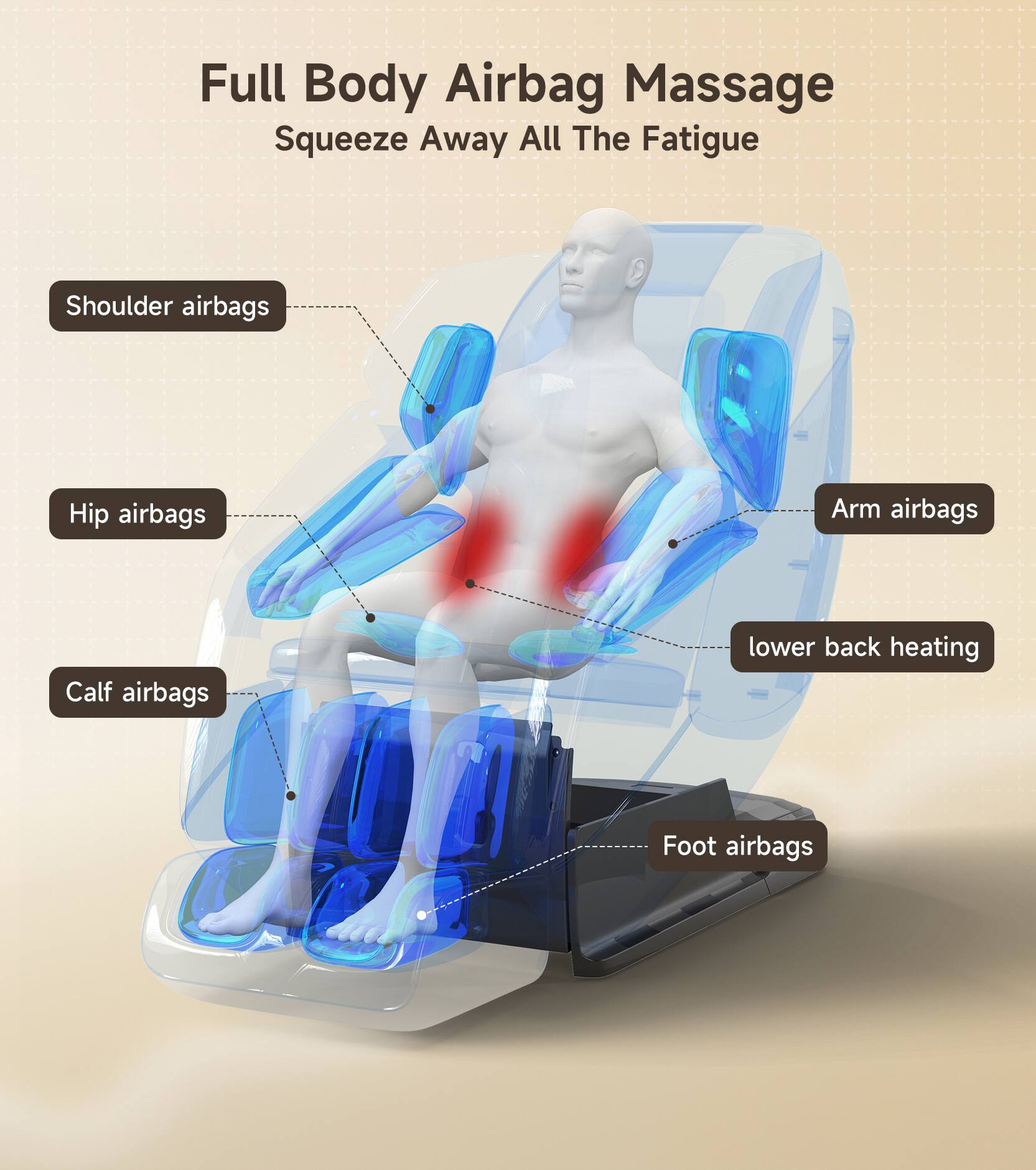 Full Body Airbag Massage  
Squeeze Away All The Fatigue

- Shoulder airbags
- Hip airbags
- Arm airbags
- Calf airbags
- Lower back heating
- Foot airbags