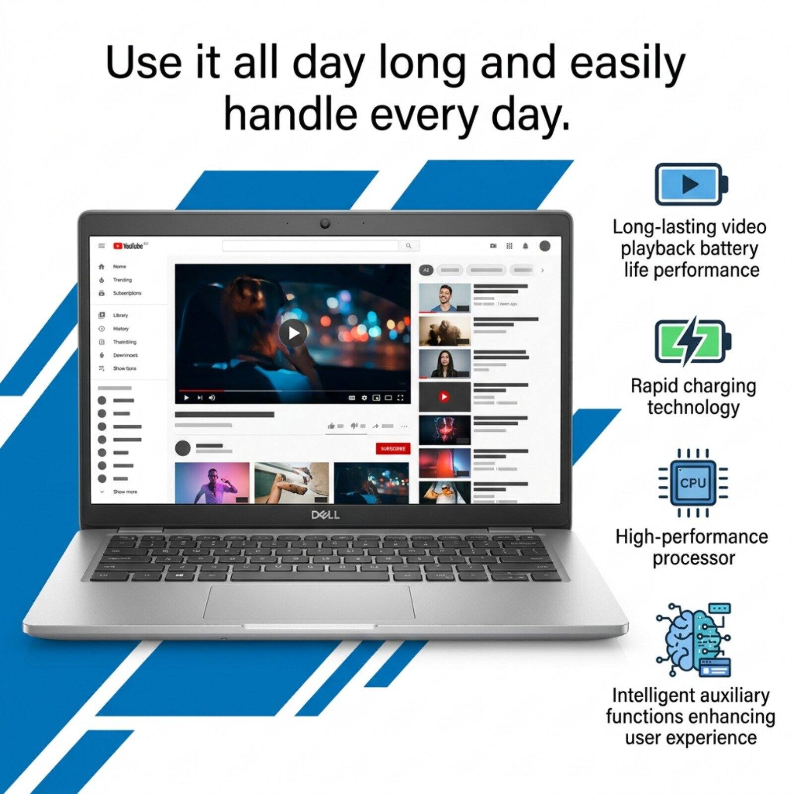 Use it all day long and easily handle every day.

- Long-lasting video playback battery life performance
- Rapid charging technology
- High-performance processor
- Intelligent auxiliary functions enhancing user experience