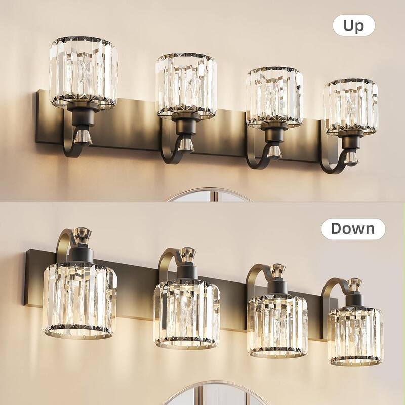 Left. Qeetex - 4 lamp Light Black Modern Crystal Table Lamp Mirror Headlight, Round Lampshade, Suitable for Bathroom.