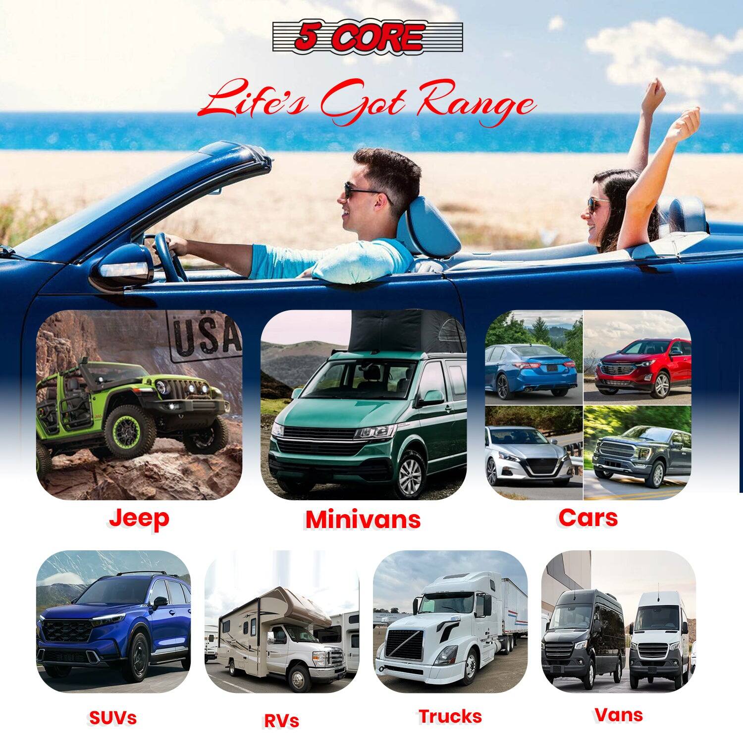 5 CORE Life's Got Range Jeep Minivans Cars SUVs RVs Trucks Vans USA