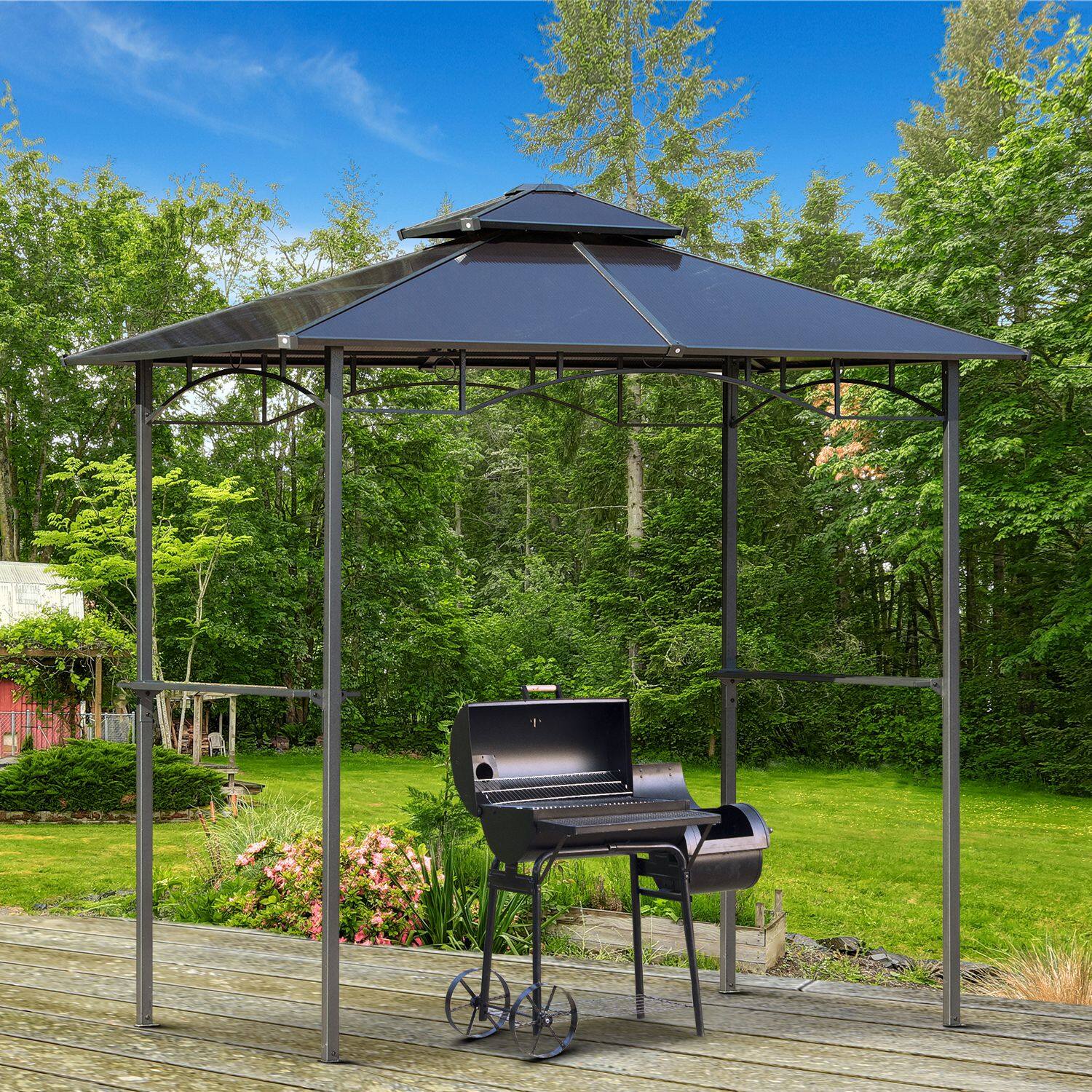 Alt View 1. Outsunny - 8' x 5' Barbecue Grill Gazebo Tent, Outdoor BBQ Canopy with Side Shelves, and Double Layer PC Roof, Brown - Brown.