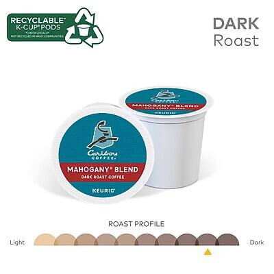 RECYCLABLE K-CUP PODS  
NOT RECYCLED IN MANY COMMUNITIES

DARK Roast

MAHOGANY BLEND  
DARK ROAST COFFEE  
KEURIG

ROAST PROFILE  
Light  
Dark