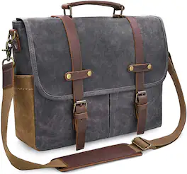 Core Tech - 15.6-Inch Waxed Canvas and Genuine Leather Messenger Laptop Bag with Padded Sleeve and Adjustable Strap - Gray