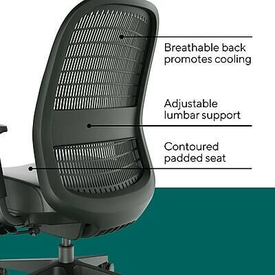 Breathable back promotes cooling  
Adjustable lumbar support  
Contoured padded seat