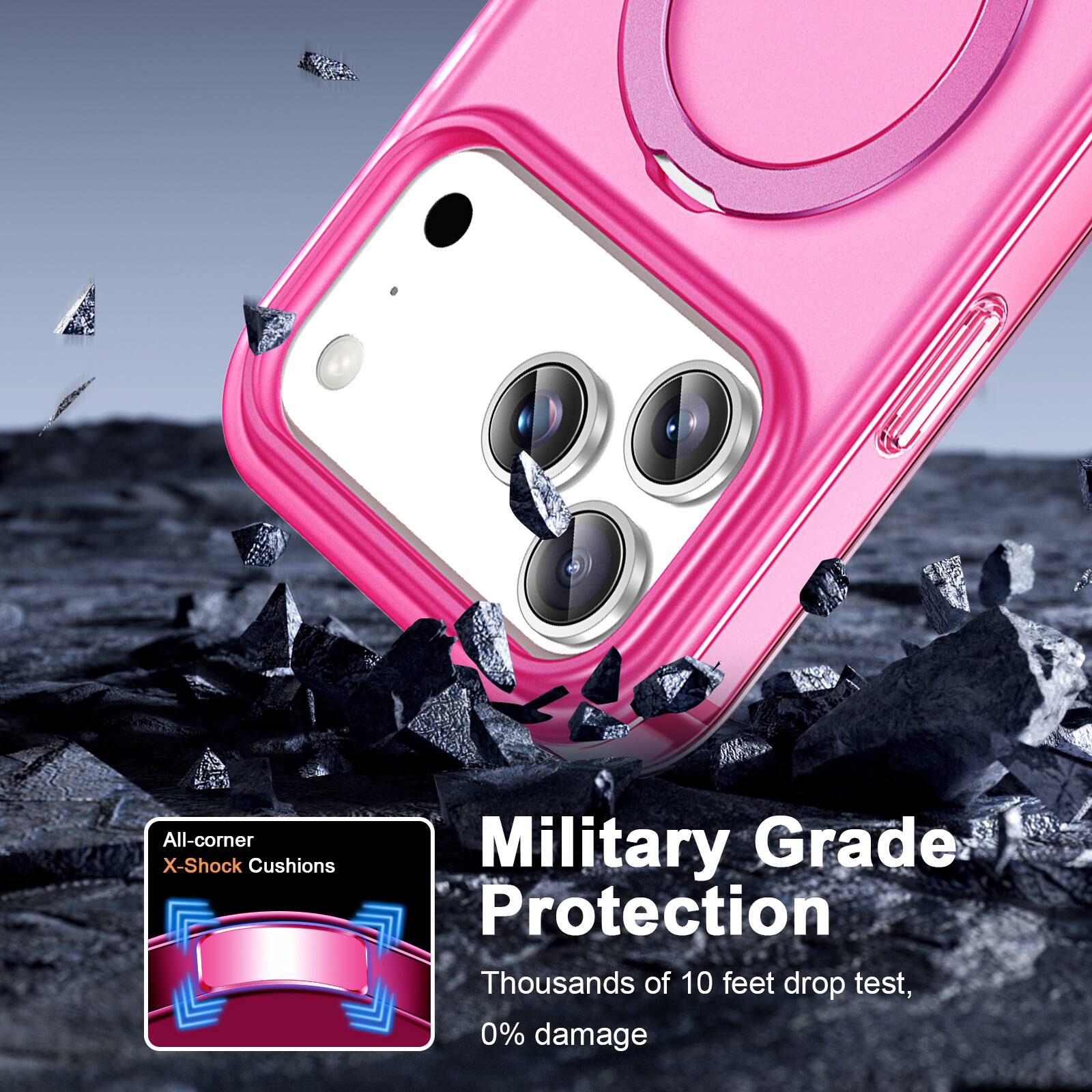 All-corner X-Shock Cushions  
Military Grade Protection  
Thousands of 10 feet drop test, 0% damage