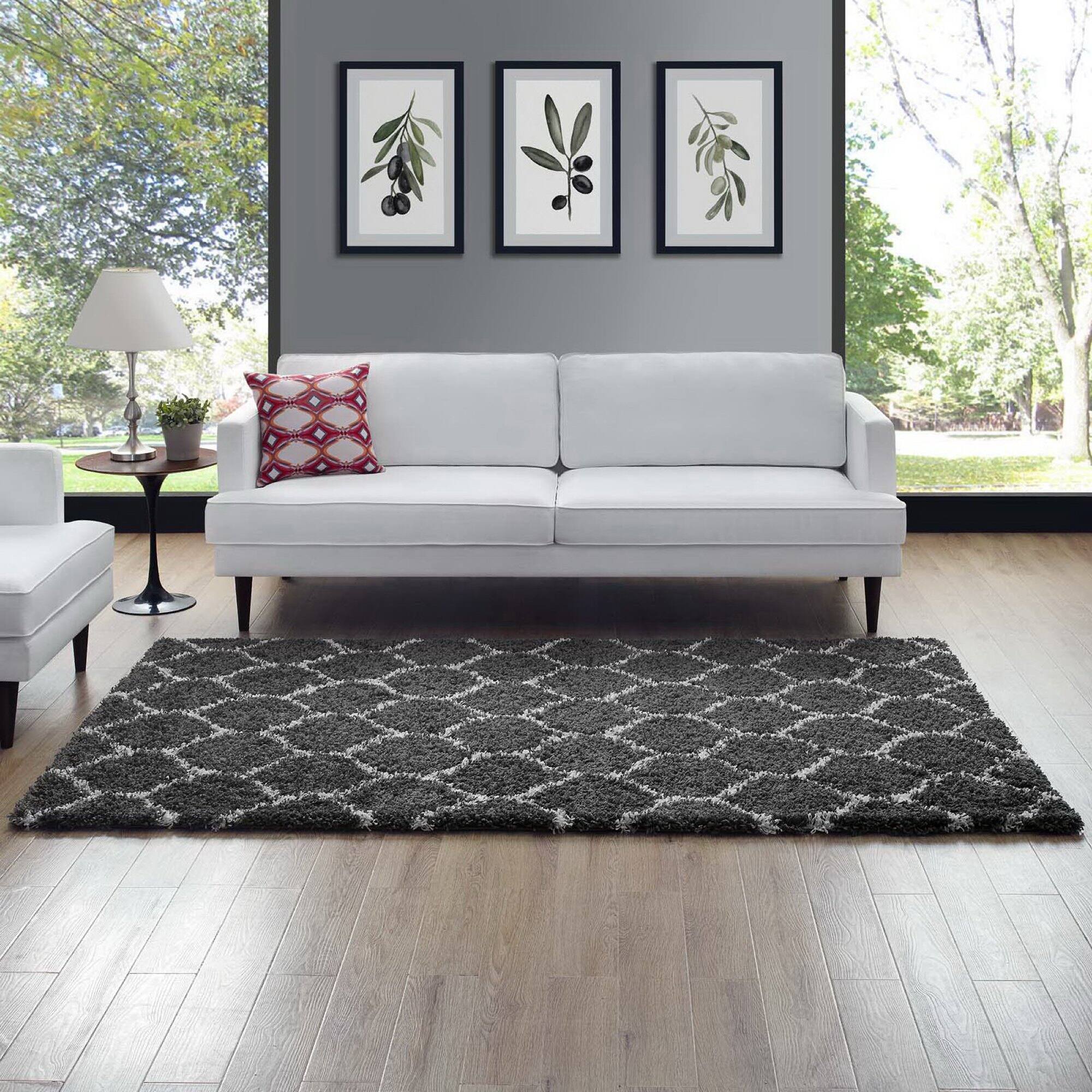 Left. Modway - Solvea Moroccan Trellis Shag Area Rug - Dark Gray and Ivory.