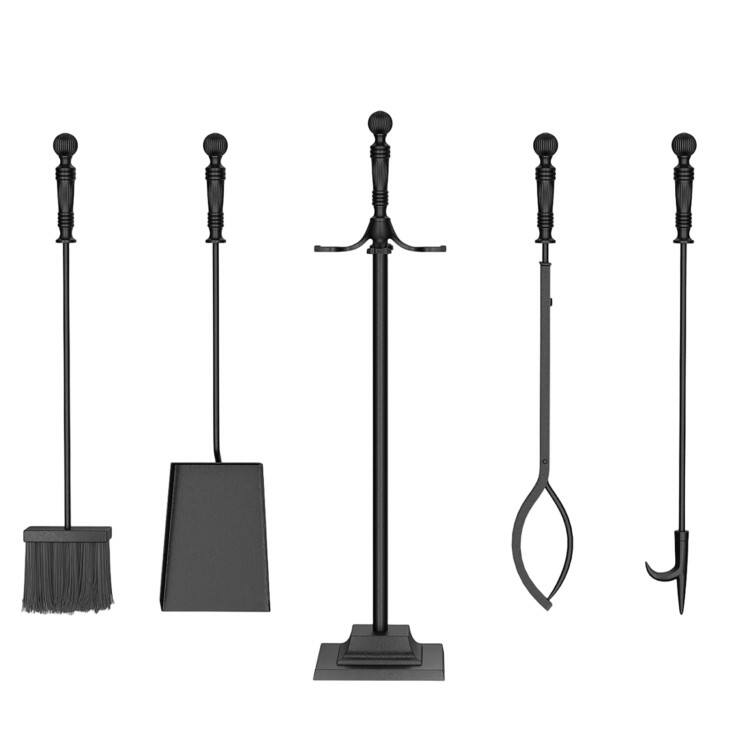 Angle. Mondawe - 5-Pieces Fireplace Tool Set Indoor Outdoor Fire Place Set Tools with Aluminum Handles - Black.