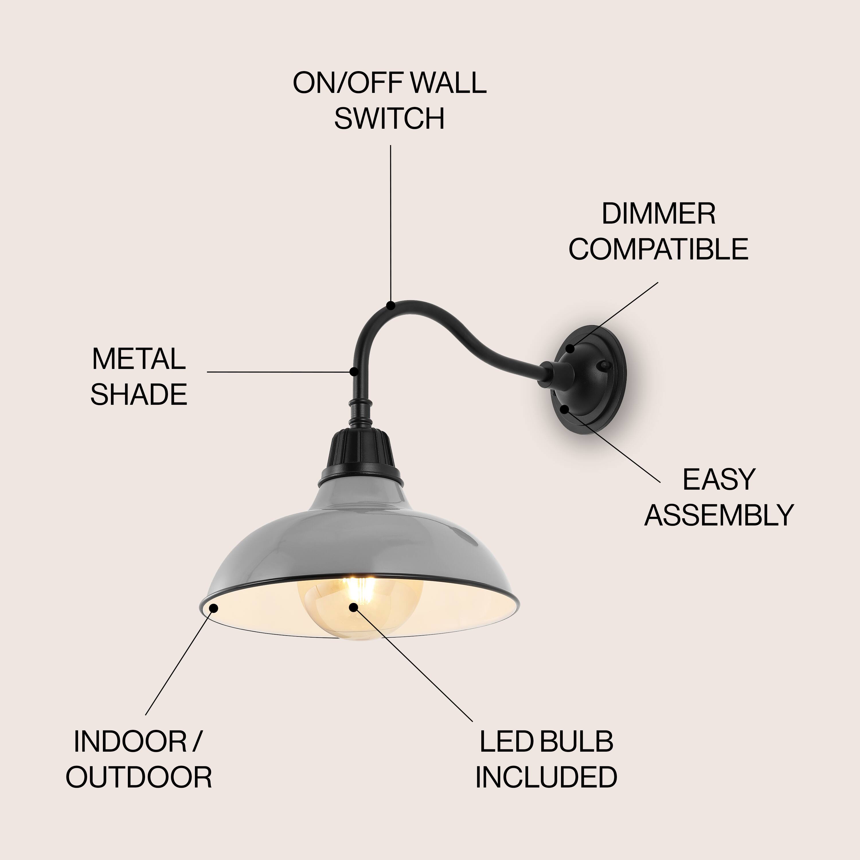 ON/OFF WALL SWITCH DIMMER COMPATIBLE METAL SHADE EASY ASSEMBLY INDOOR/OUTDOOR LED BULB INCLUDED