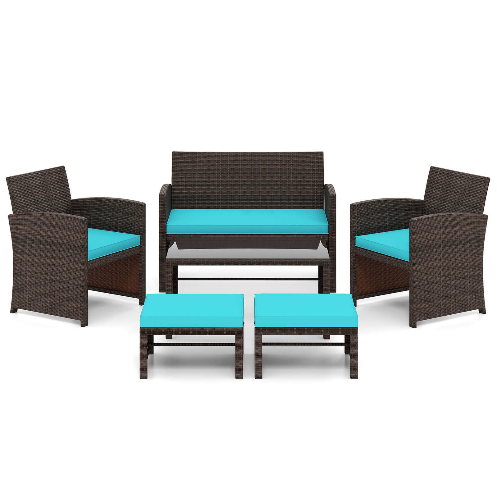 Alt View 6. Gymax - Gymax 6 PCS Patio Furniture Set w/ 1 Loveseat 1 Coffee Table 2 Armchairs 2 Ottomans Turquoise - Mix Brown, Turquoise.