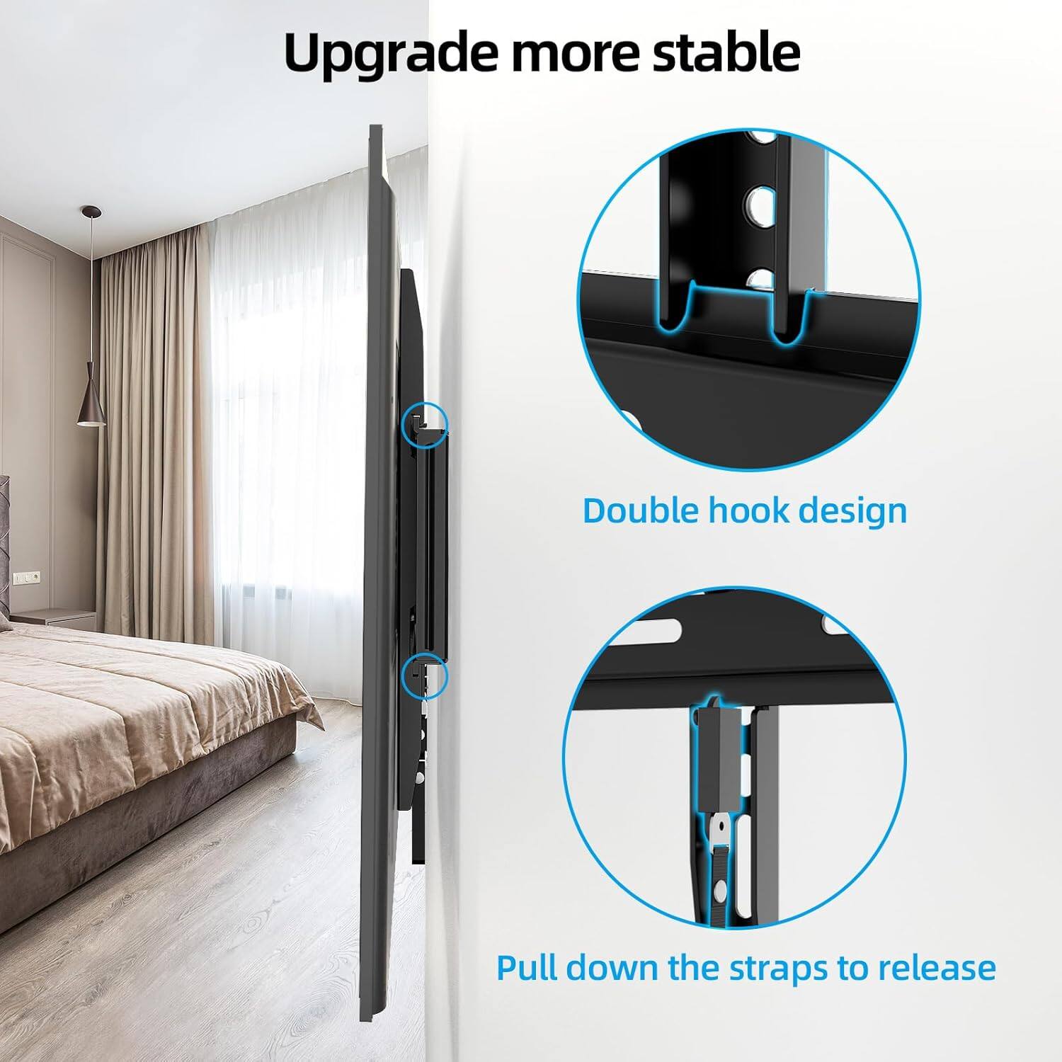 Upgrade more stable

Double hook design

Pull down the straps to release